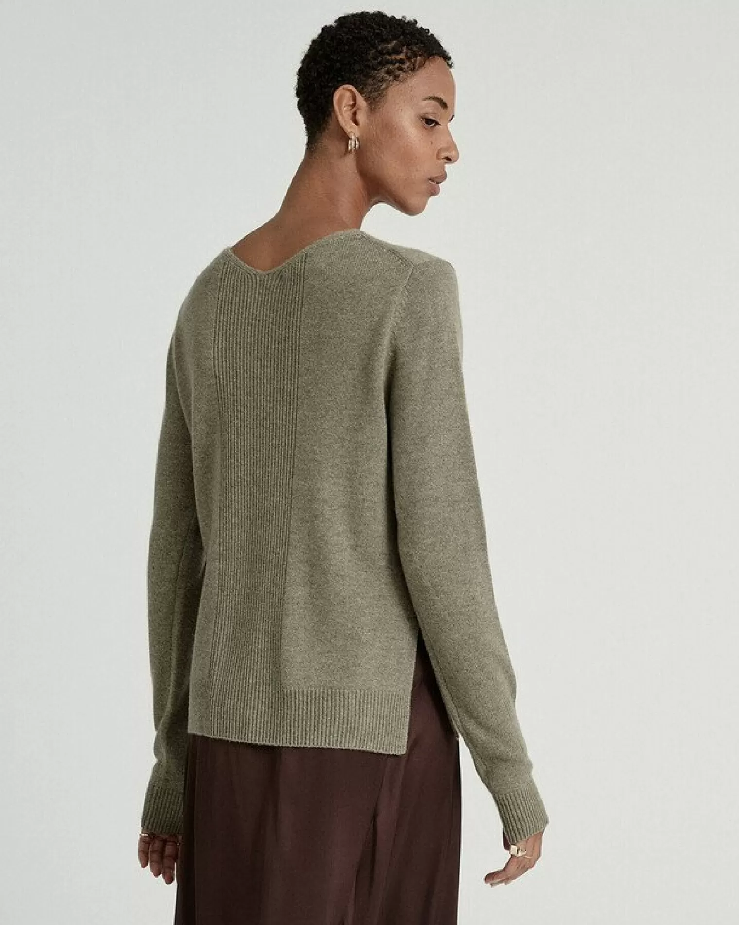 Kujten Sweaters & Sweatshirts>V-Neck Mittens Sleeves Cashmere Sweater Kaki Chine