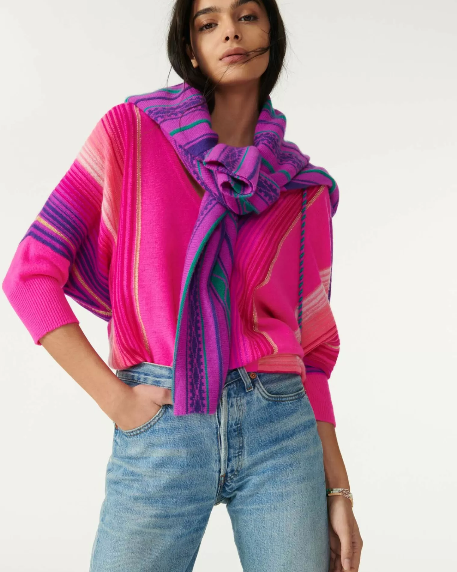 Kujten Sweaters & Sweatshirts>V-Neck Oversize Cashmere Sweater Rose Neon