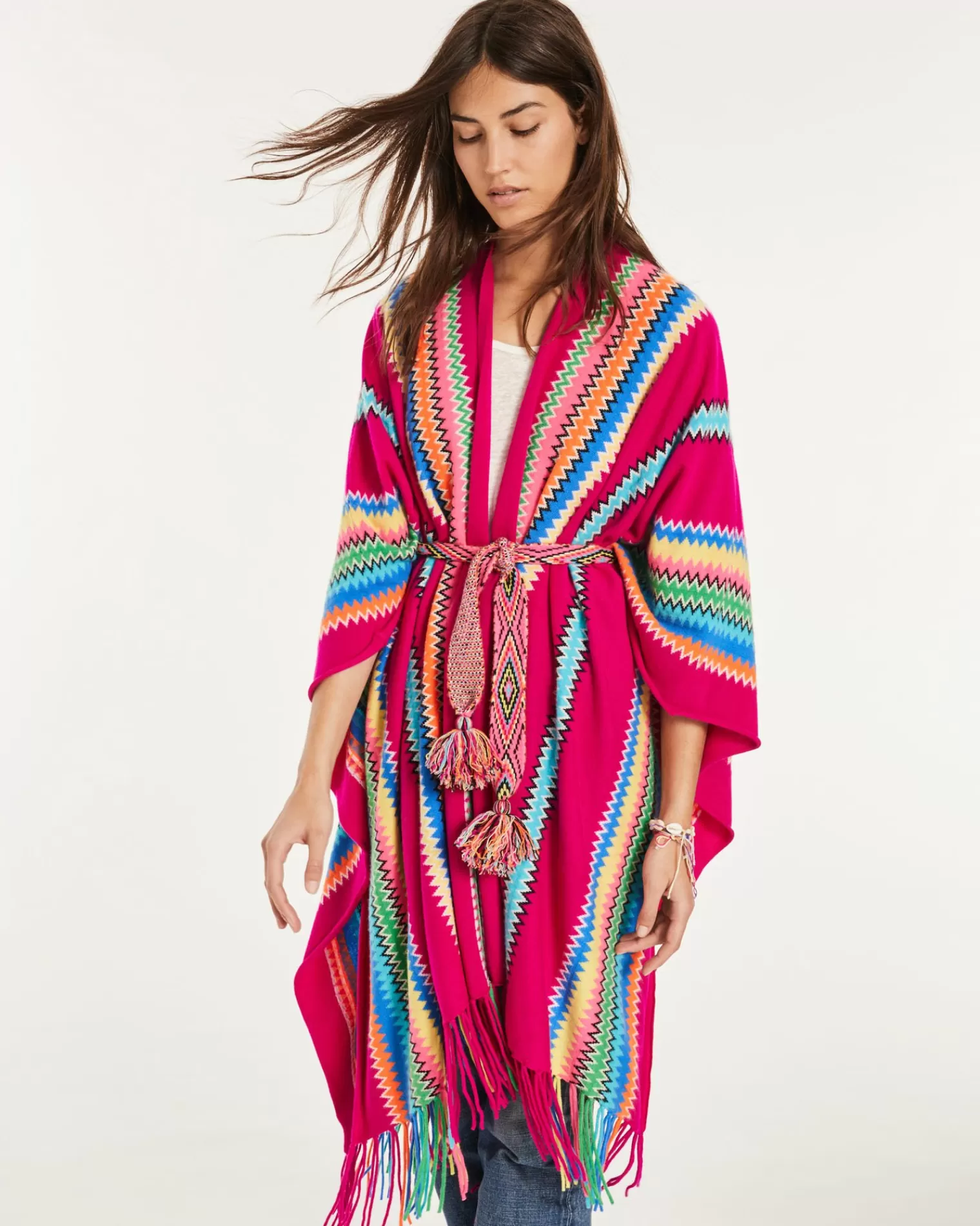 Kujten Capes & Ponchos>Woman Fringed Cashmere Cape Rose Magenta