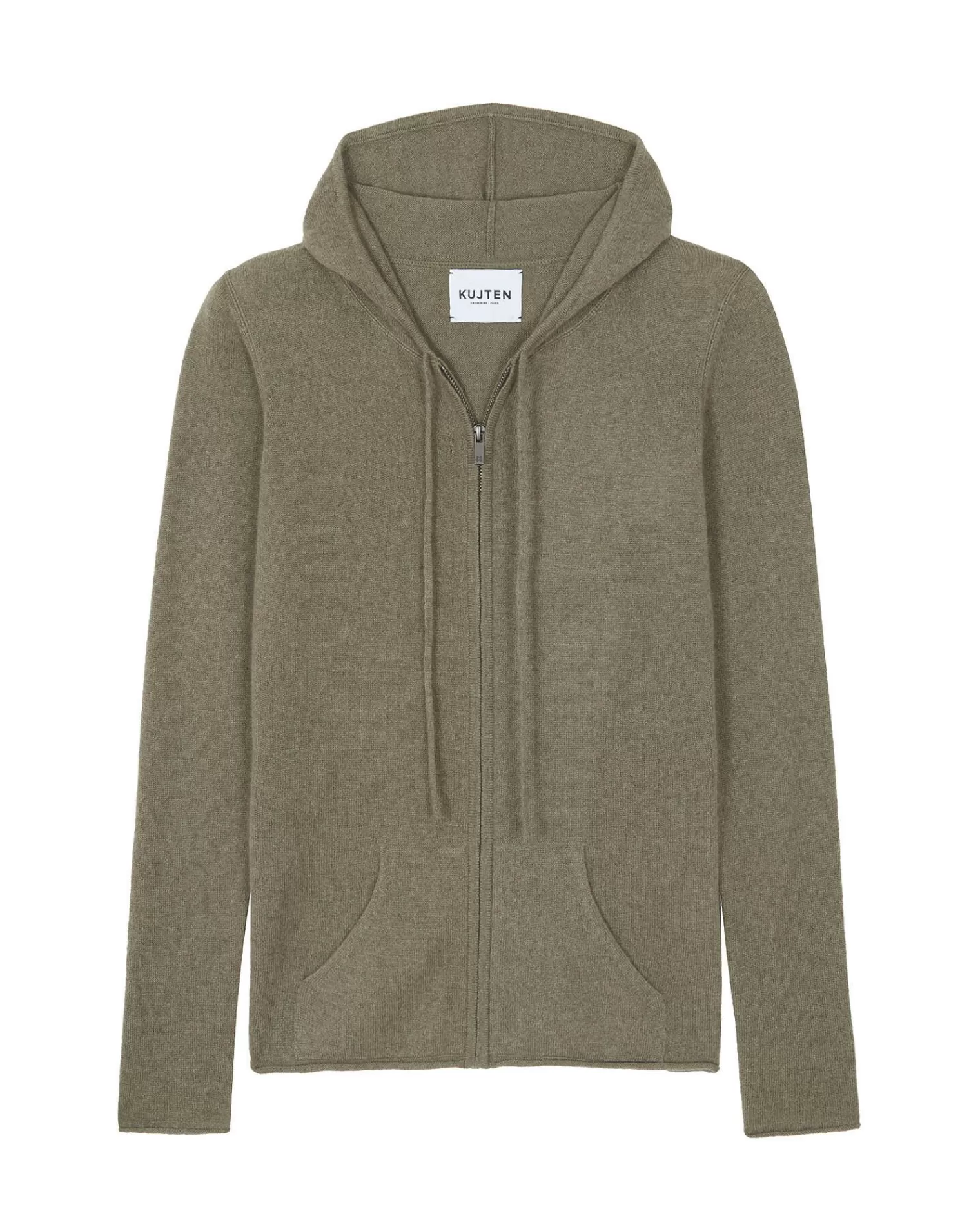 Kujten Hoodies>Woman Hooded Zipped Cashmere Vest, 2-Threads Kaki Chine