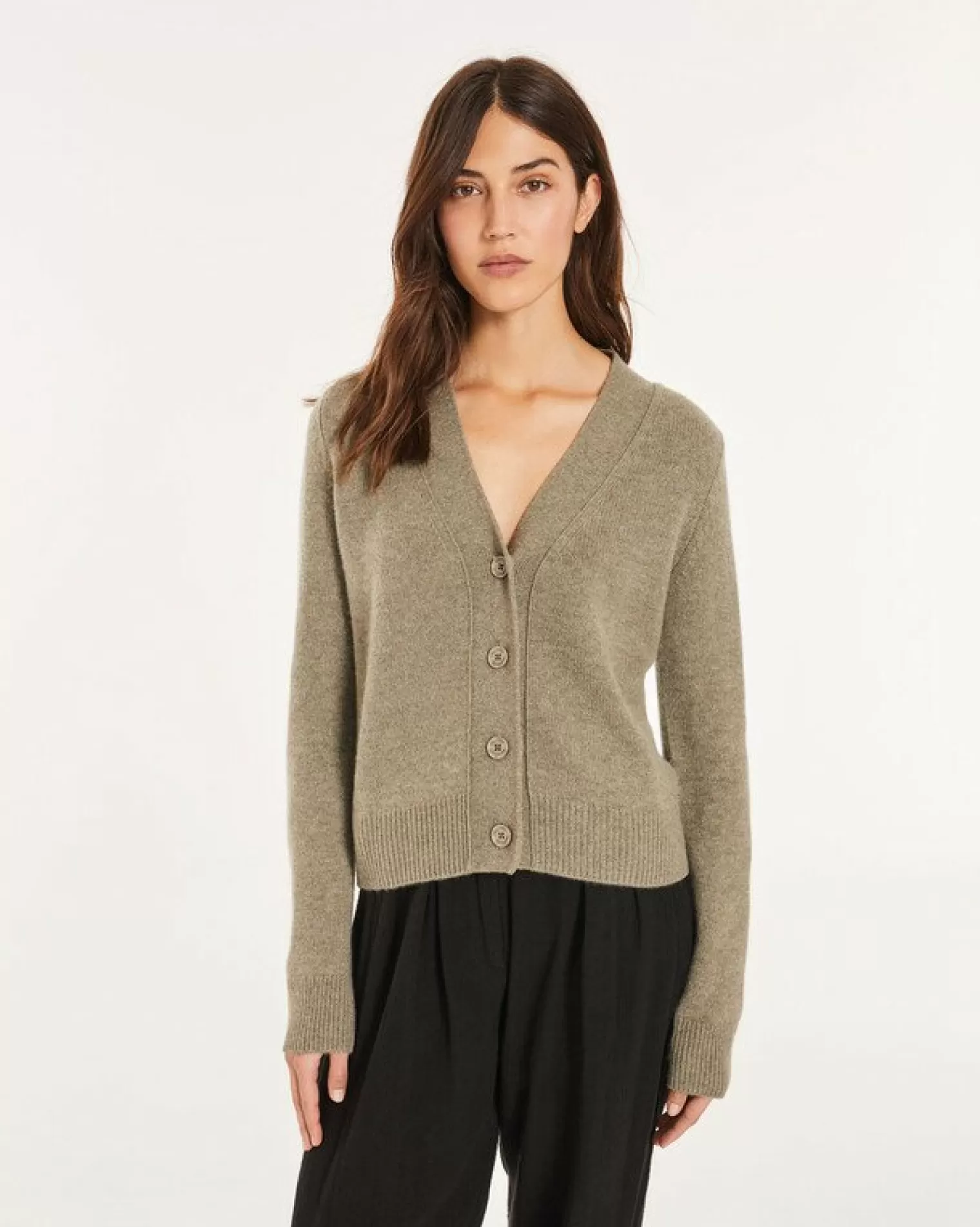 Kujten Jackets & Vests>Woman Short Cashmere Cardigan Kaki Chine