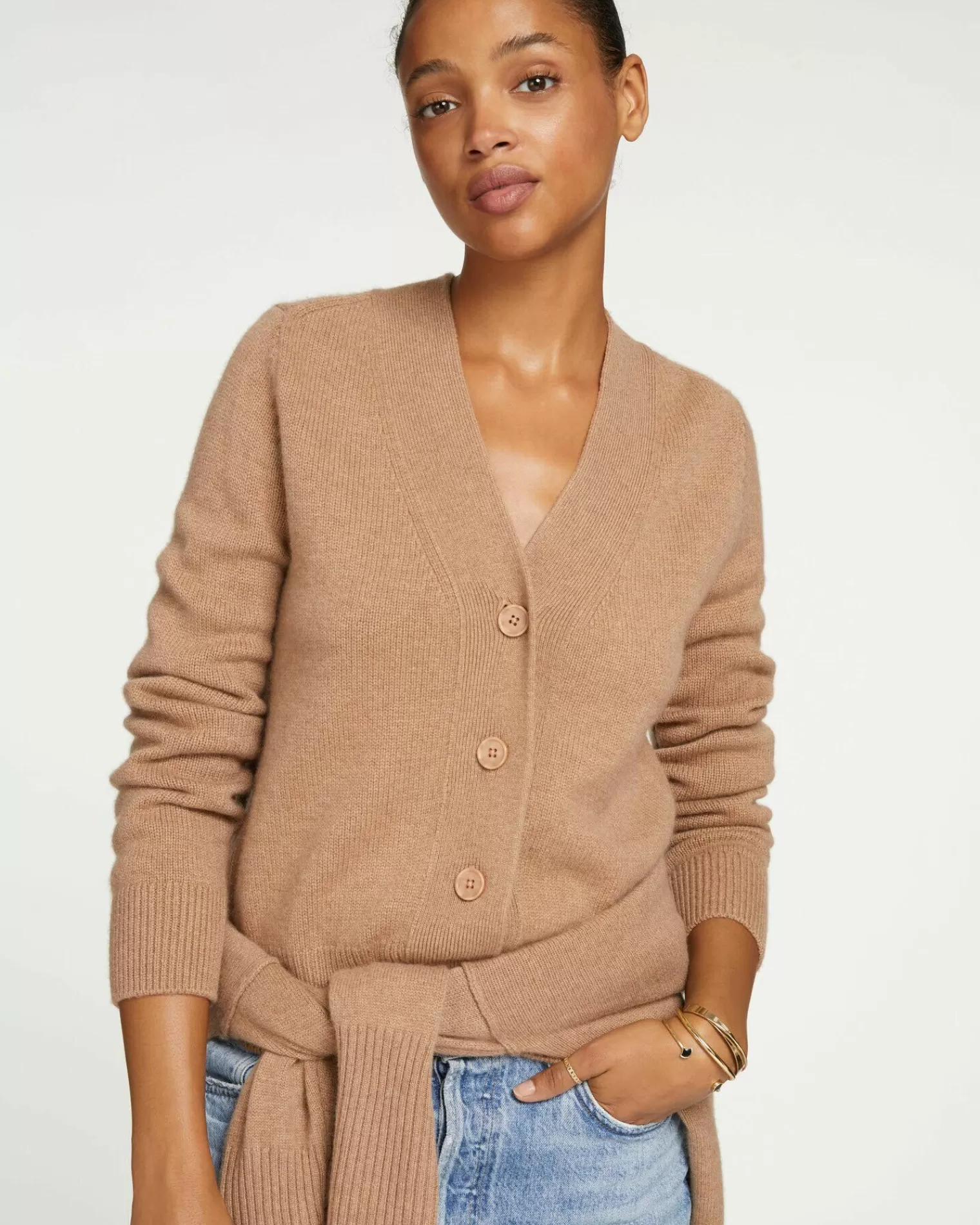 Kujten Jackets & Vests>Woman Short Cashmere Cardigan, 4-Threads Camelo