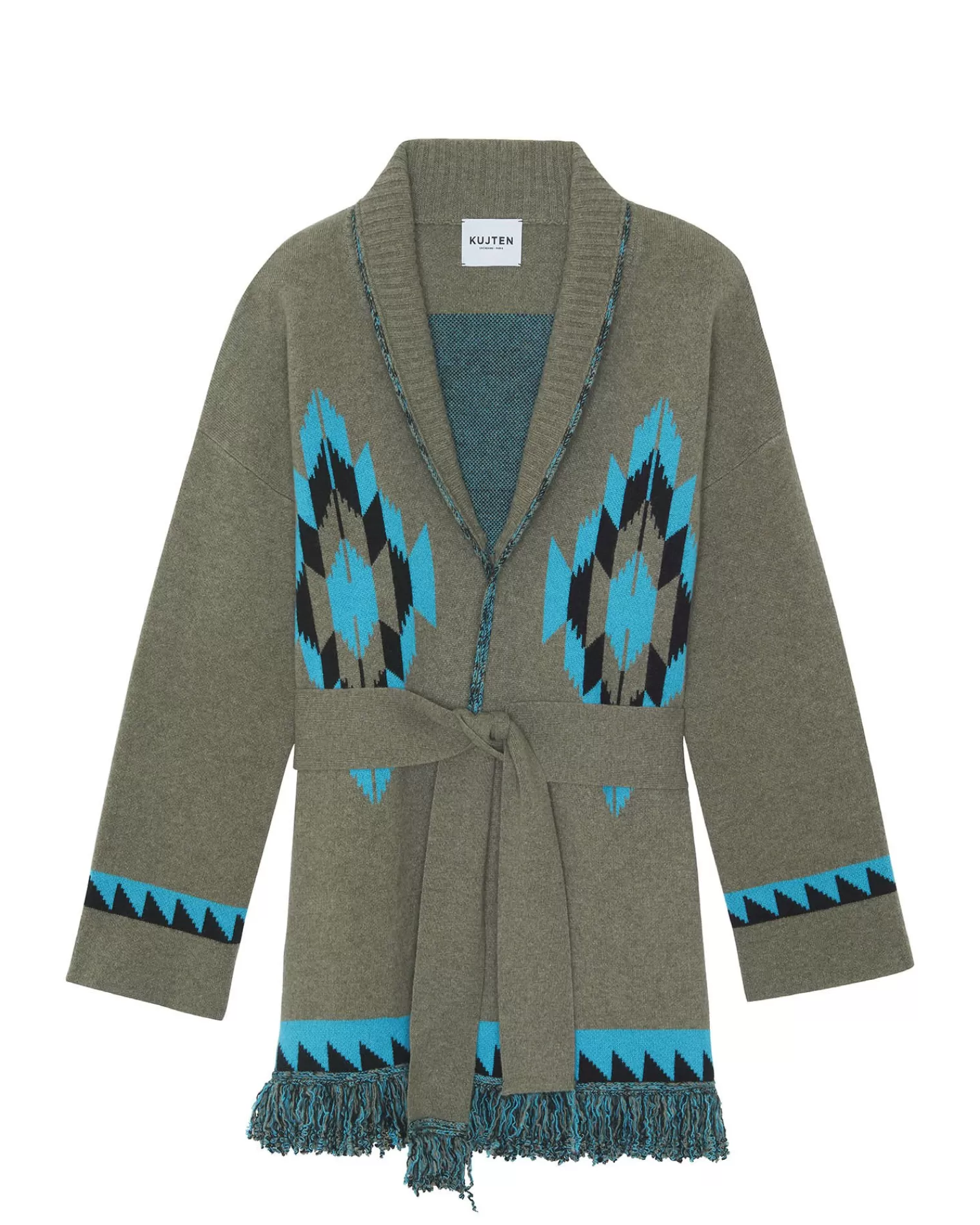 Kujten Jackets & Vests>Women Cashmere Fringed Collar Vest Kaki Chine