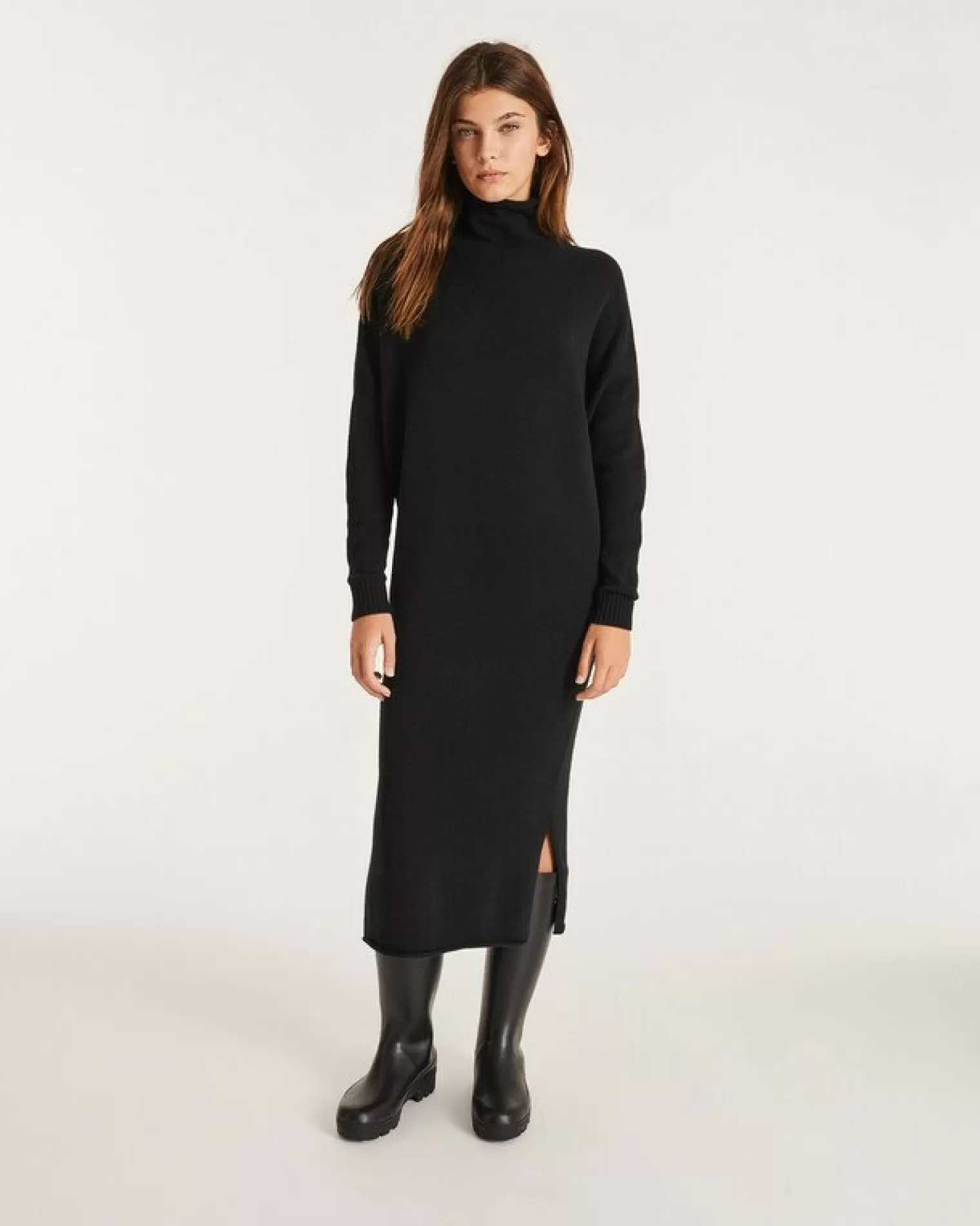 Kujten Dresses & Skirts>Women Cashmere Funnel Neck Long Dress Noir