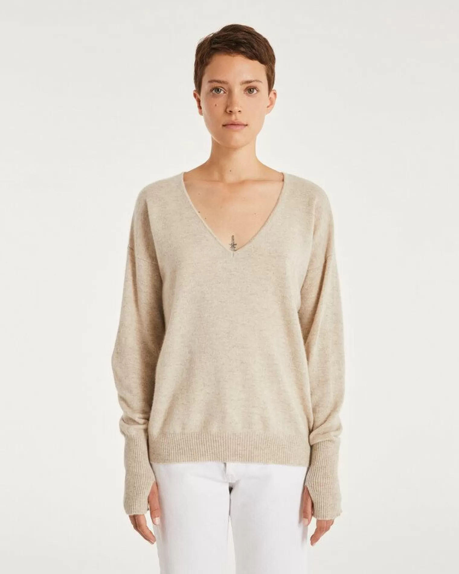 Kujten Sweaters & Sweatshirts>Women Cashmere Sweater Mittens Sleeves Avoine