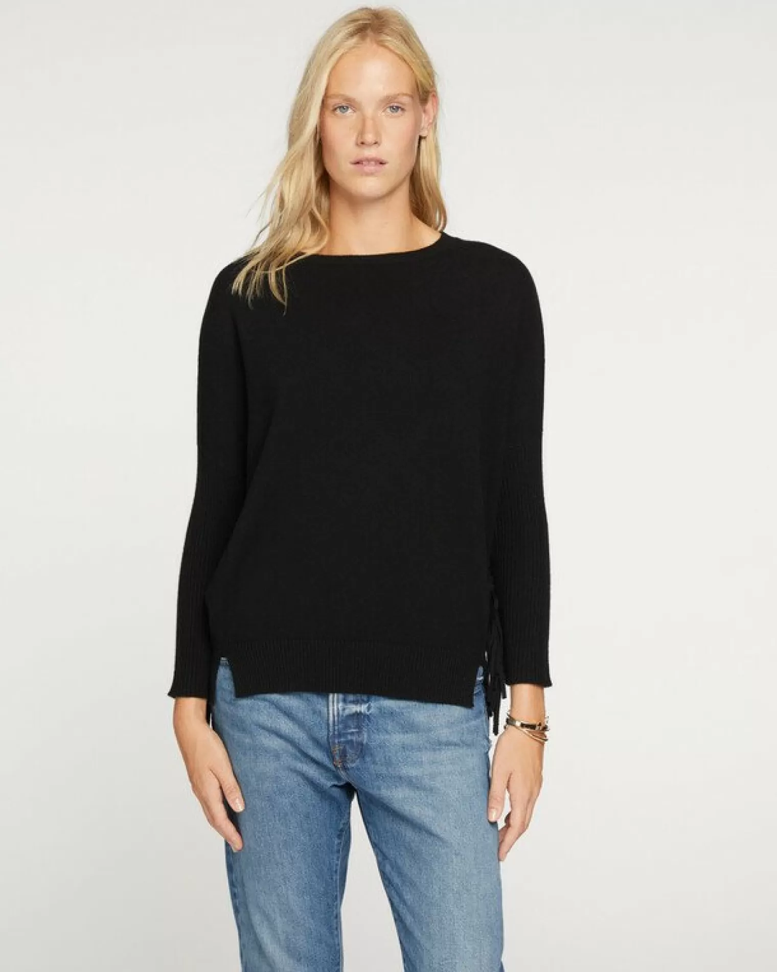 Kujten Sweaters & Sweatshirts>Women Cashmere Sweater With Fringes, 2-Threads Noir