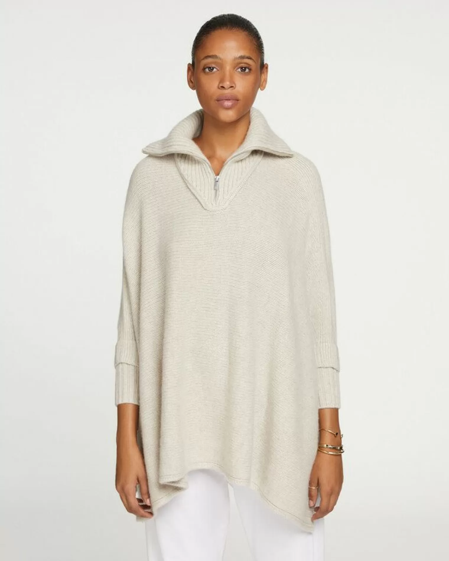 Kujten Capes & Ponchos>Women Cashmere Trucker Neck Poncho Avoine