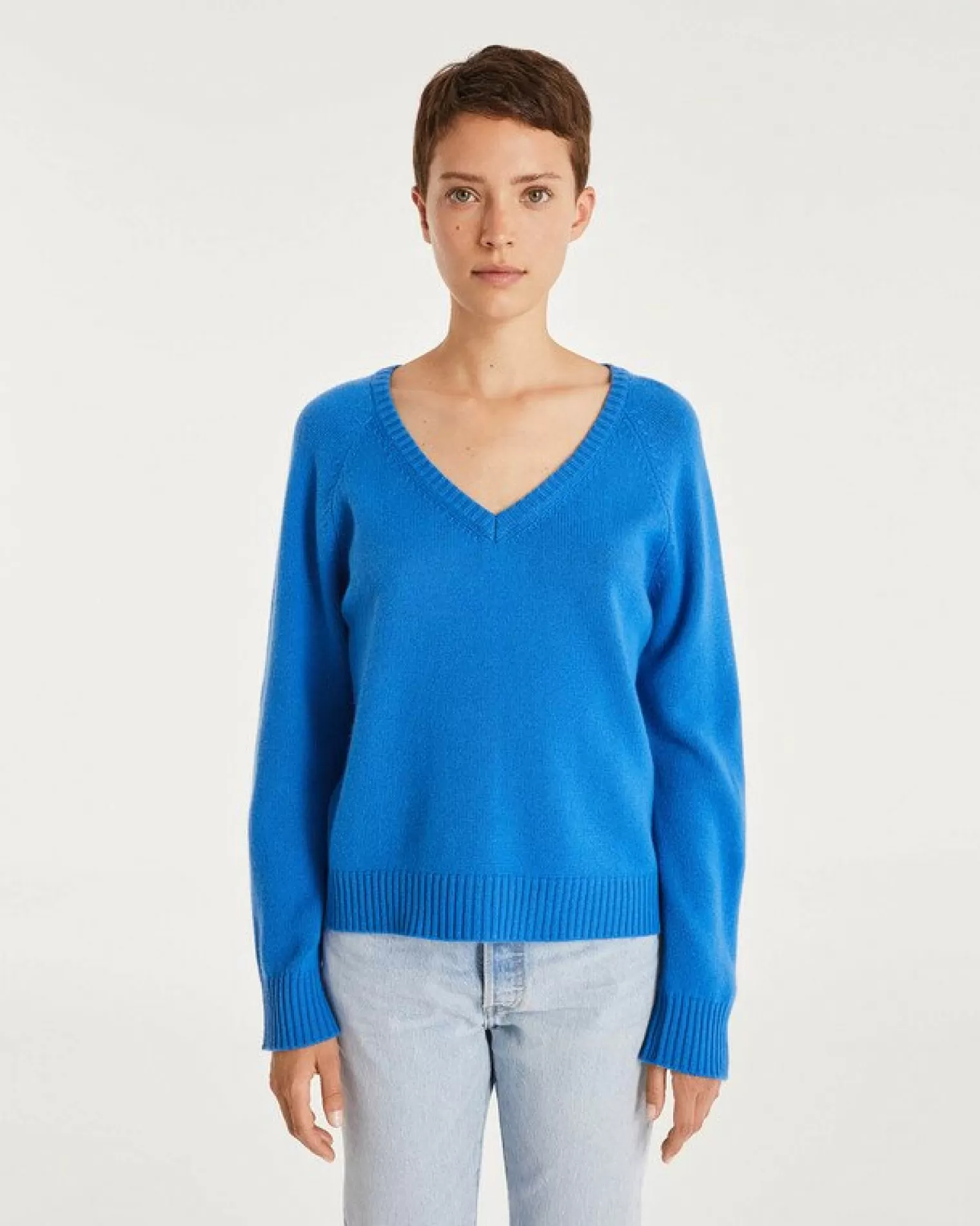 Kujten Sweaters & Sweatshirts>Women Cashmere V-Neck Sweater Bleu Kabalos