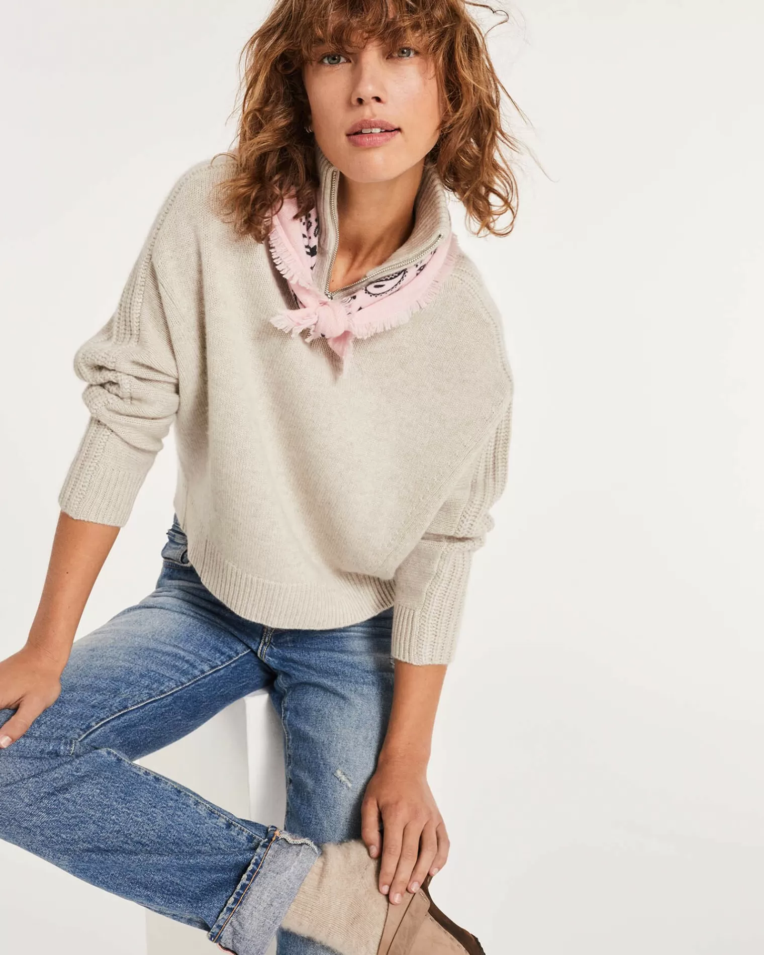 Kujten Sweaters & Sweatshirts>Women Cropped Trucker Cashmere Sweater Avoine