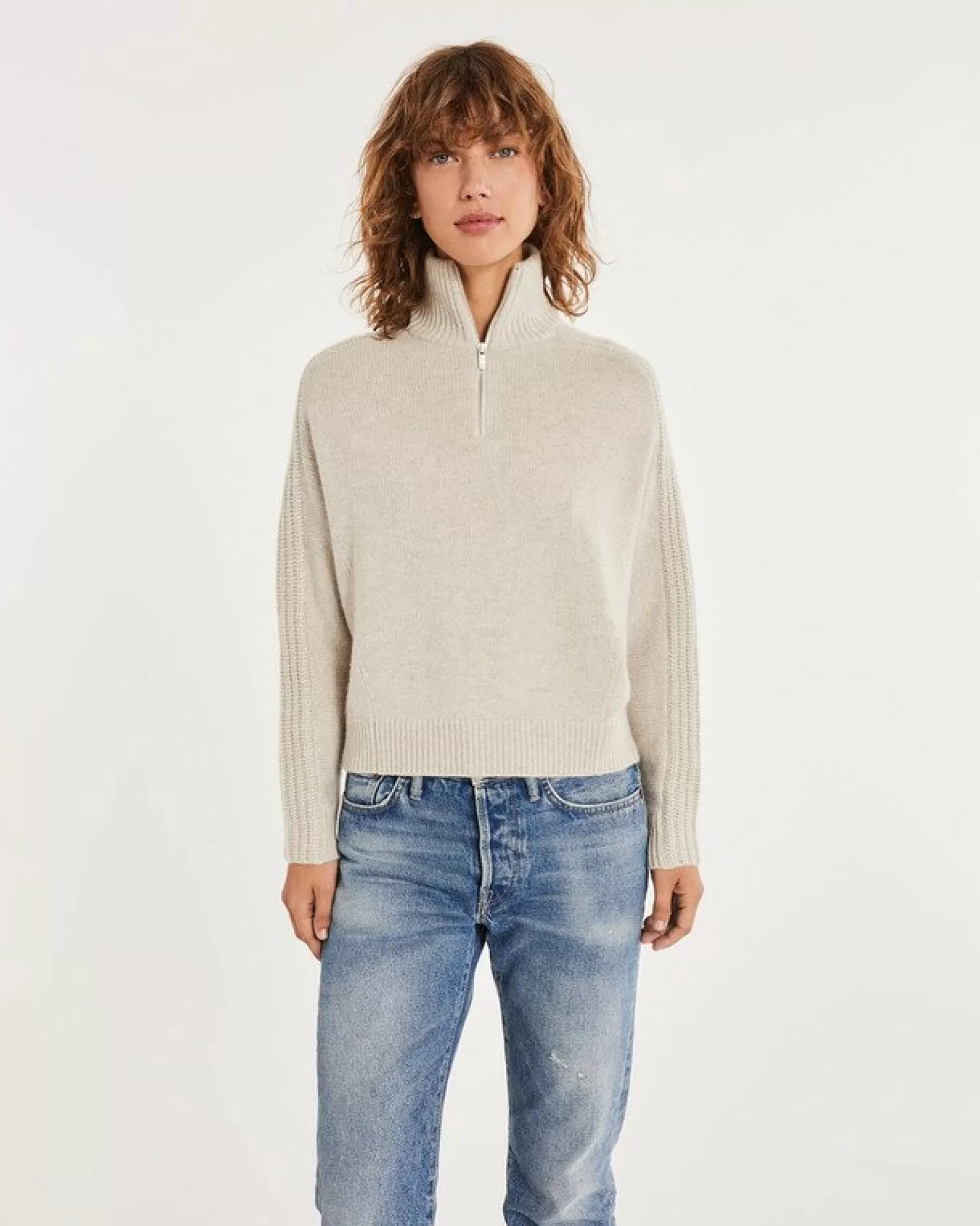 Kujten Sweaters & Sweatshirts>Women Cropped Trucker Cashmere Sweater Avoine