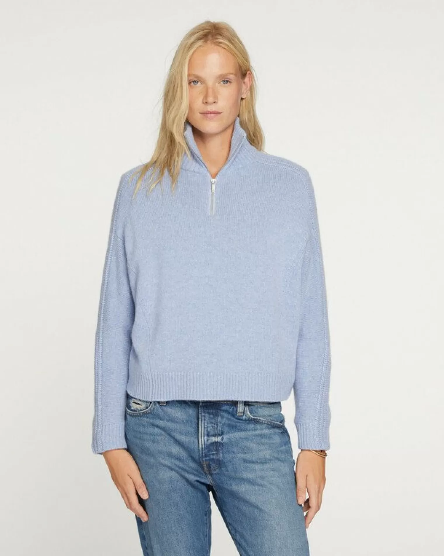 Kujten Sweaters & Sweatshirts>Women Cropped Trucker Cashmere Sweater Bleu Jeans