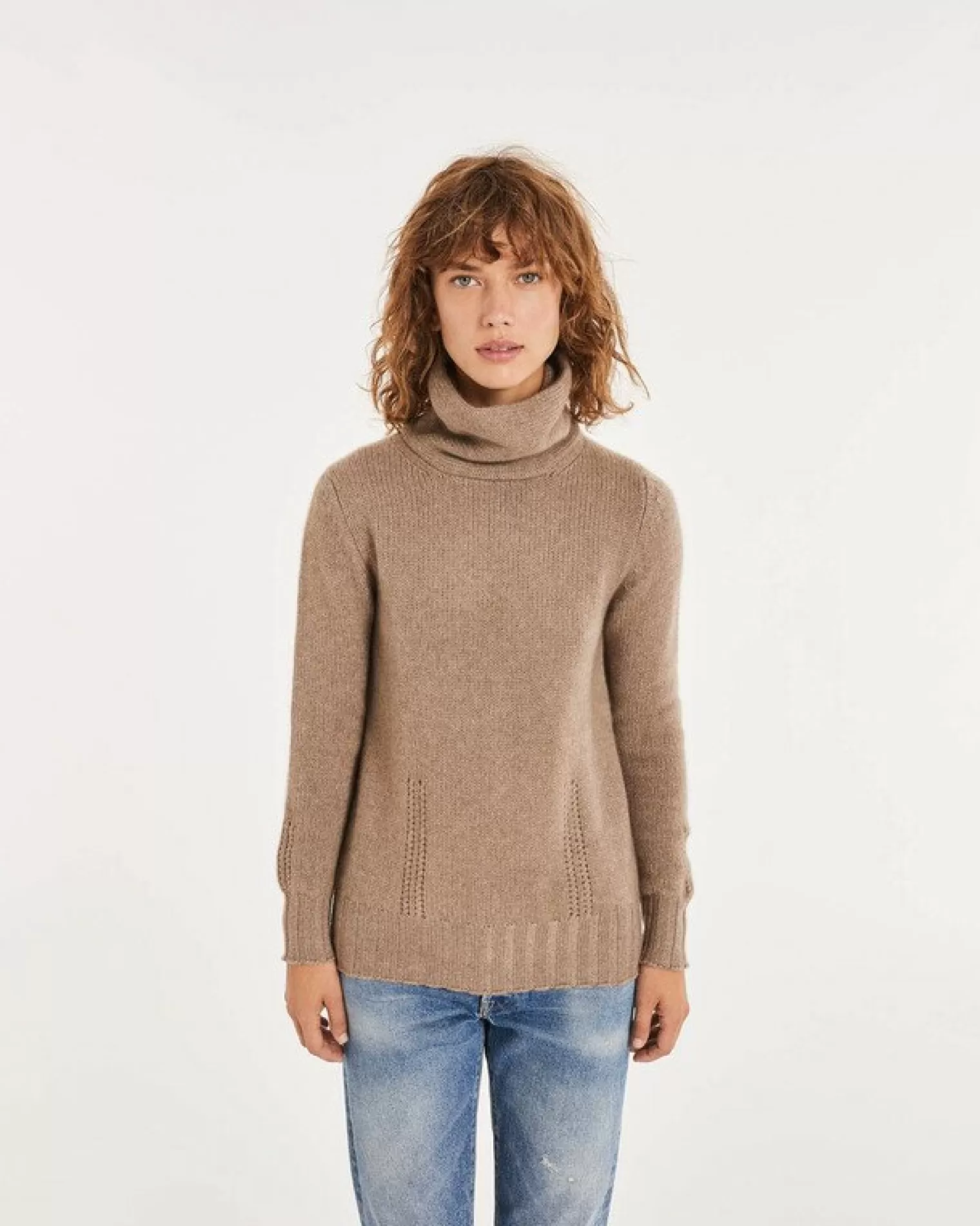 Kujten Sweaters & Sweatshirts>Women Double Turtleneck Cashmere Sweater Beige Taupe