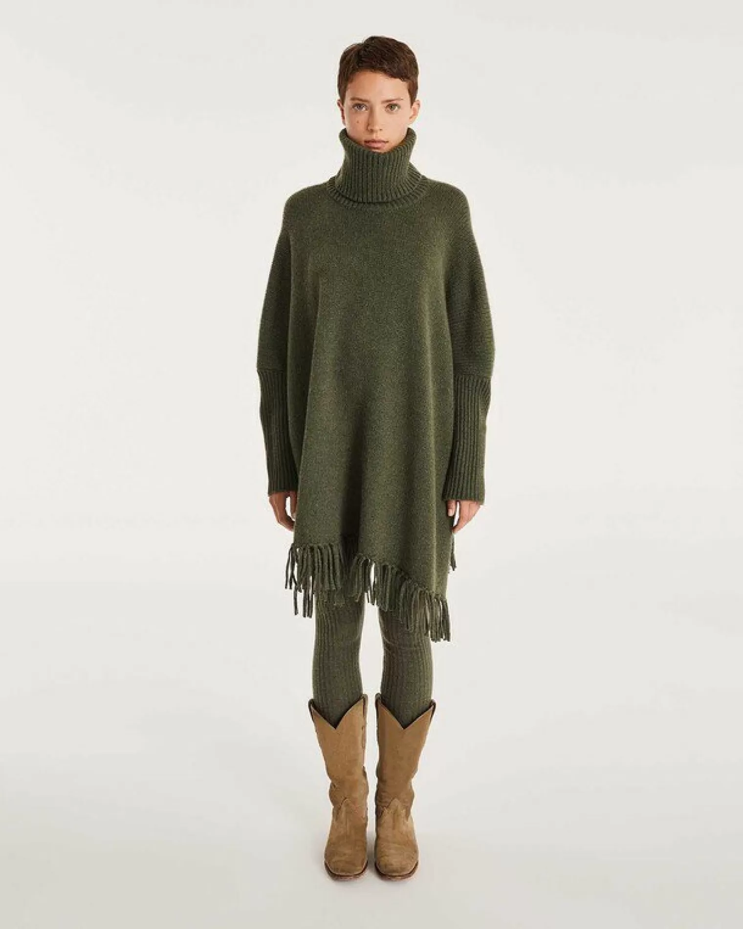 Kujten Capes & Ponchos>Women Fringed Cashmere Poncho Kaki Fonce