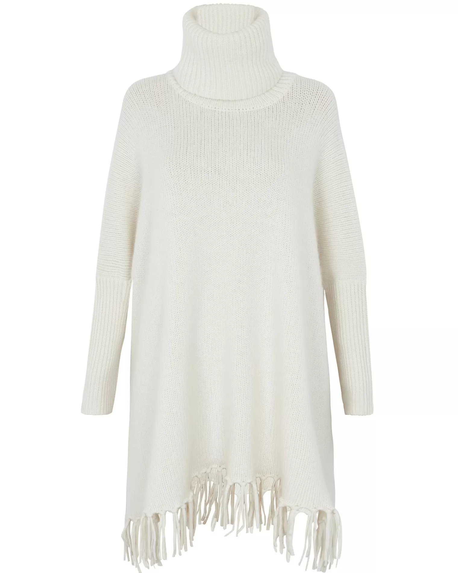 Kujten Capes & Ponchos>Women Fringed Cashmere Poncho, 10-Threads Blanc