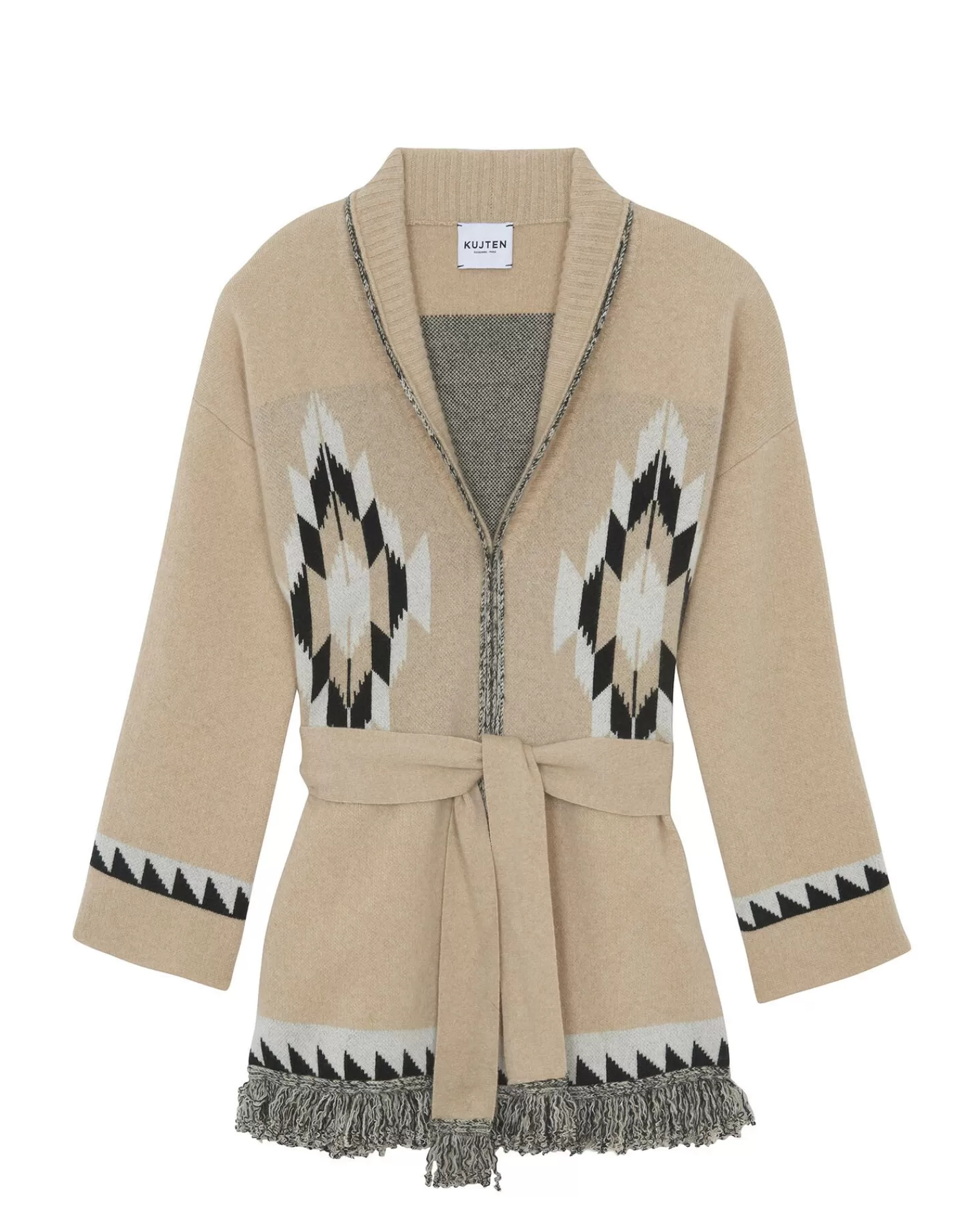 Kujten Jackets & Vests>Women Fringed Collar Cashmere Cardigan, 4-Threads Noir Beige