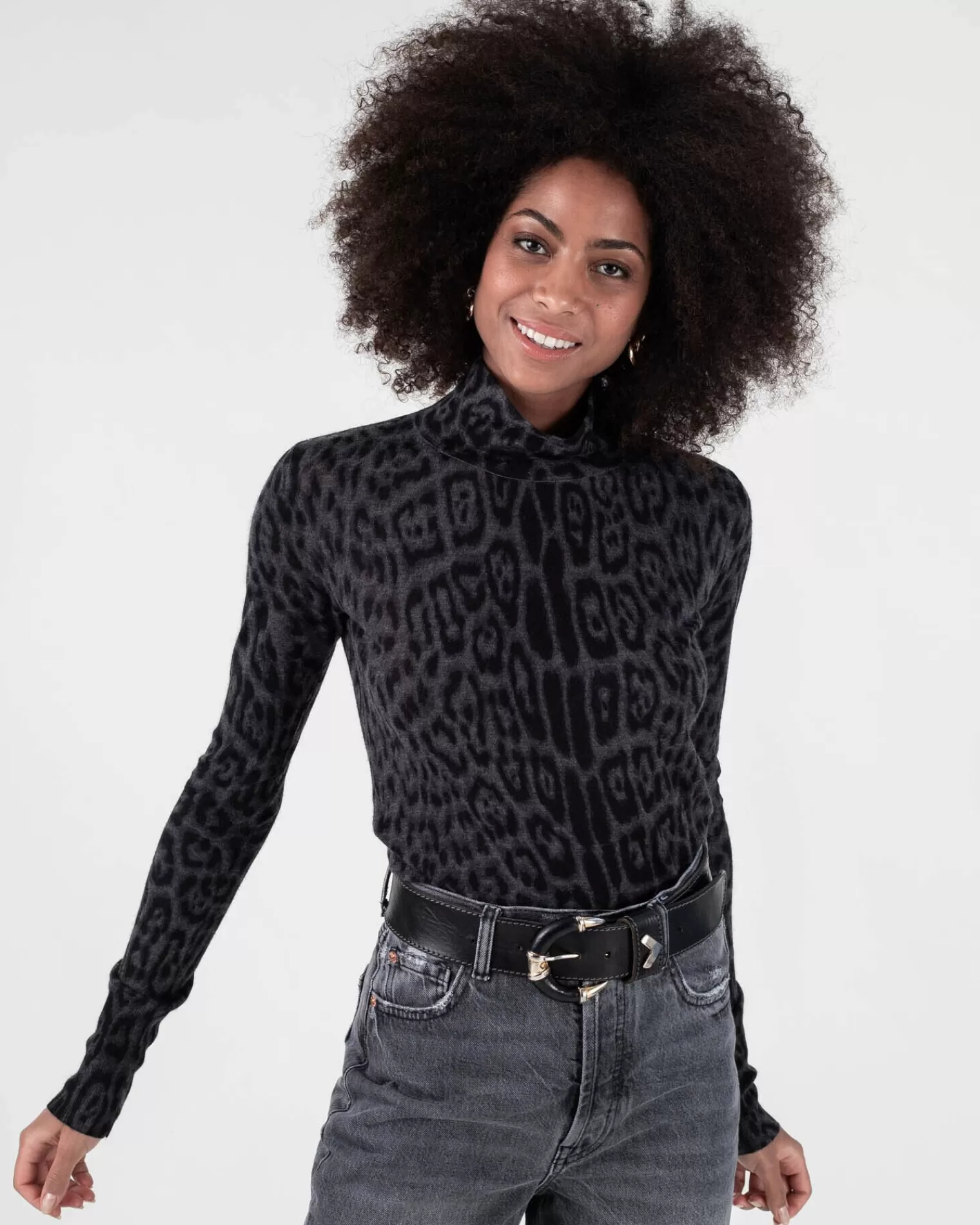 Kujten Sweaters & Sweatshirts>Women Leopard Print Cashmere Tunic Gris Anthracite Leopard