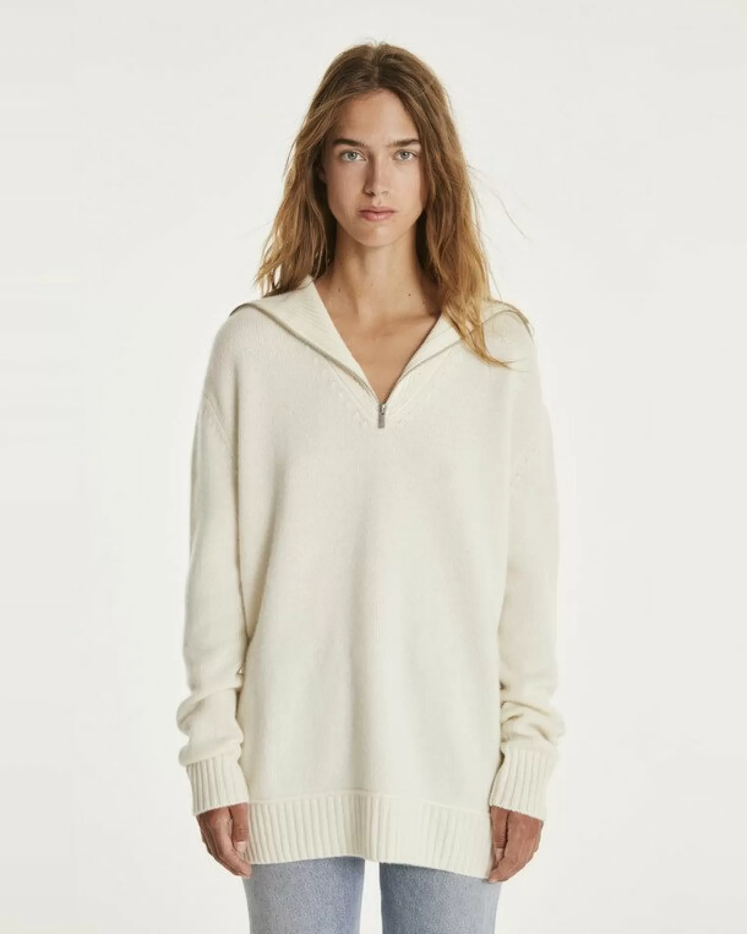 Kujten Sweaters & Sweatshirts>Women Oversized Cashmere Trucker Sweater Blanc