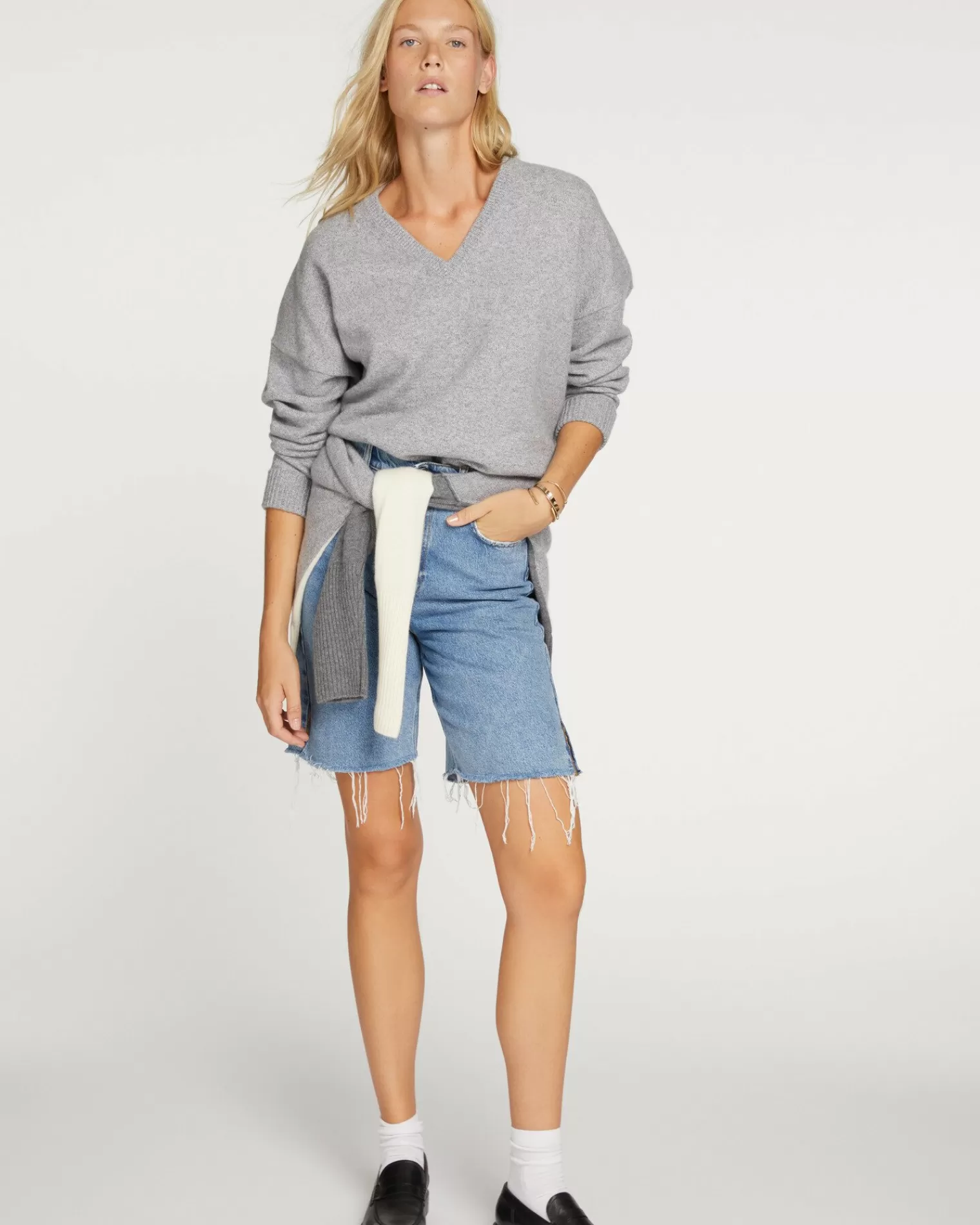 Kujten Sweaters & Sweatshirts>Women Oversized V-Neck Cashmere Sweater Gris Mouline