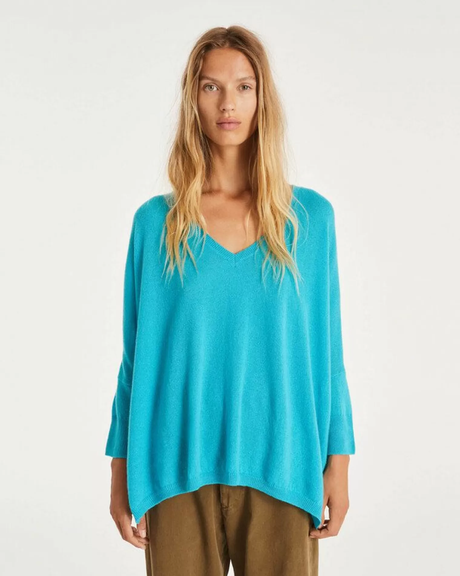 Kujten Sweaters & Sweatshirts>Women Oversized V-Neck Cashmere Sweater Bleu Turquoise