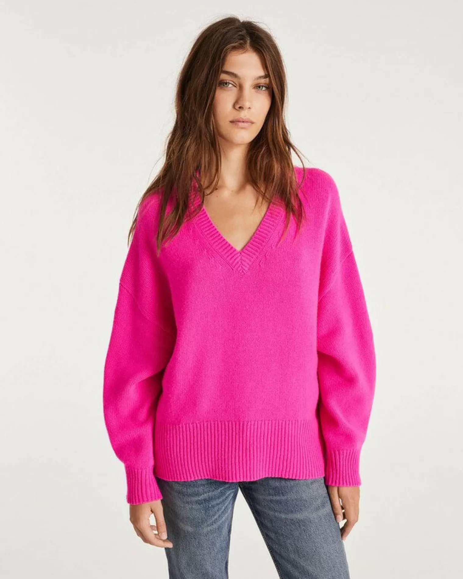 Kujten Sweaters & Sweatshirts>Women Oversized V-Neck Cashmere Sweater Rose Neon