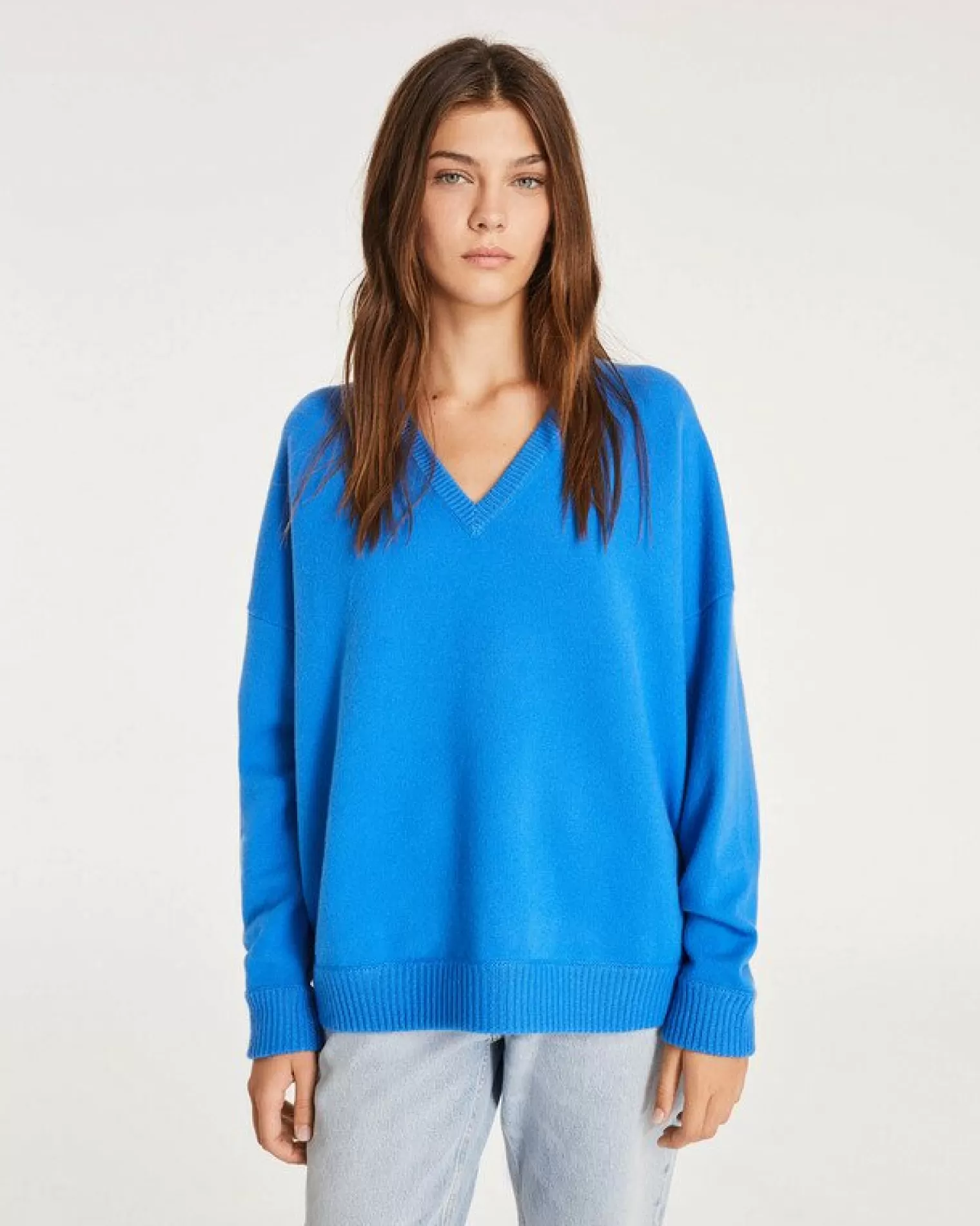 Kujten Sweaters & Sweatshirts>Women Oversized V-Neck Cashmere Sweater Bleu Kabalos