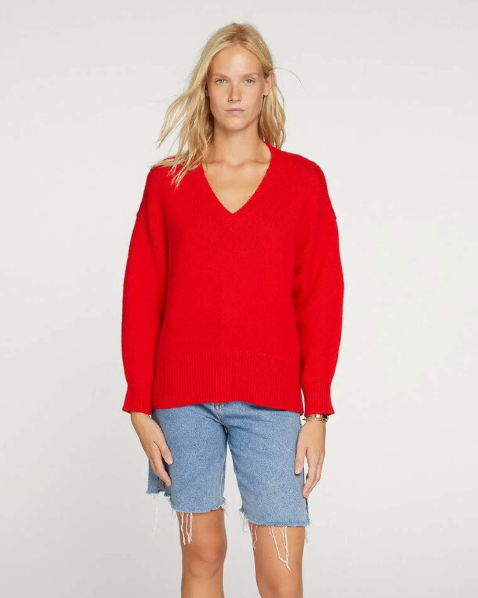 Kujten Sweaters & Sweatshirts>Women Oversized V-Neck Cashmere Sweater Rouge Tomato