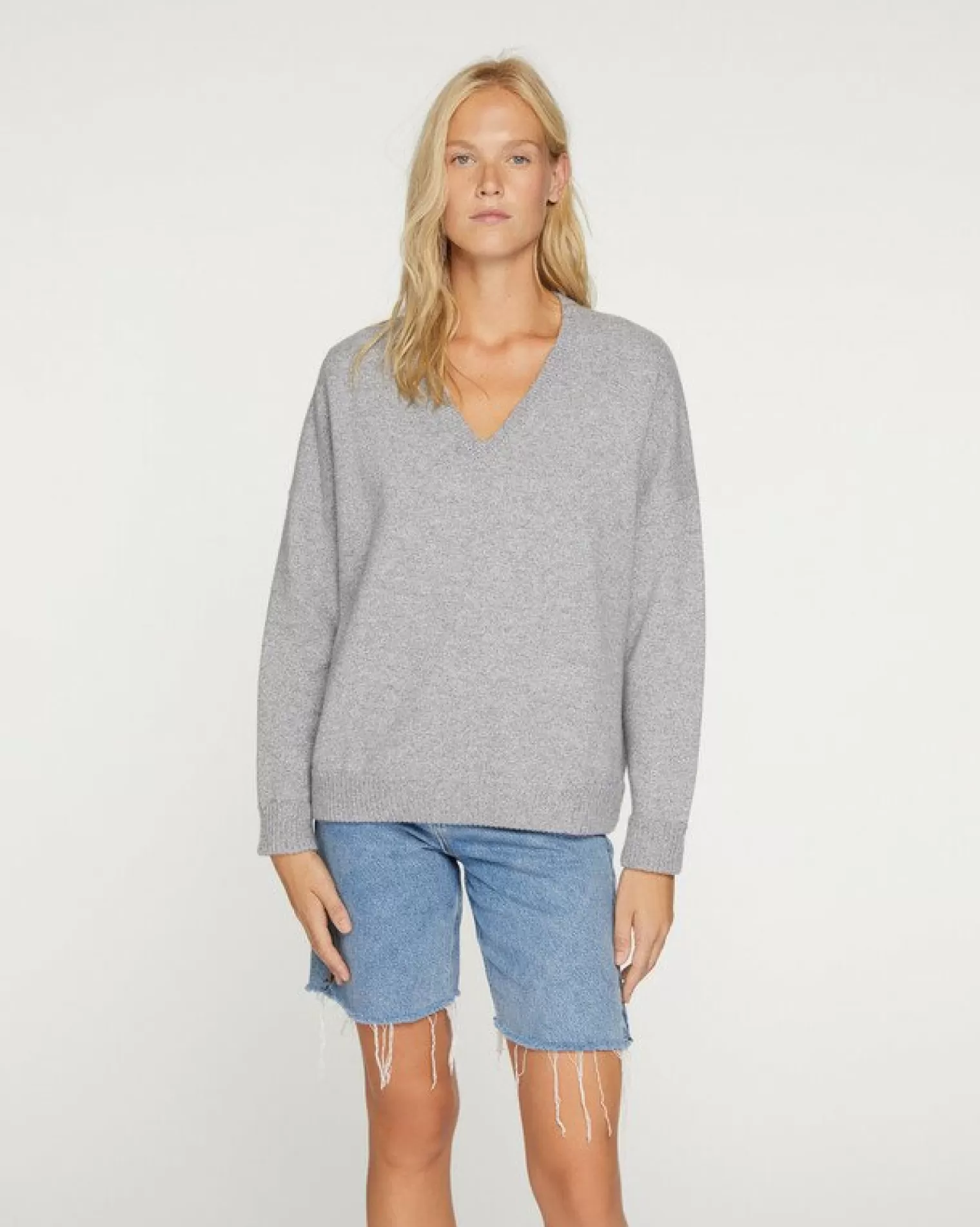 Kujten Sweaters & Sweatshirts>Women Oversized V-Neck Cashmere Sweater Gris Mouline