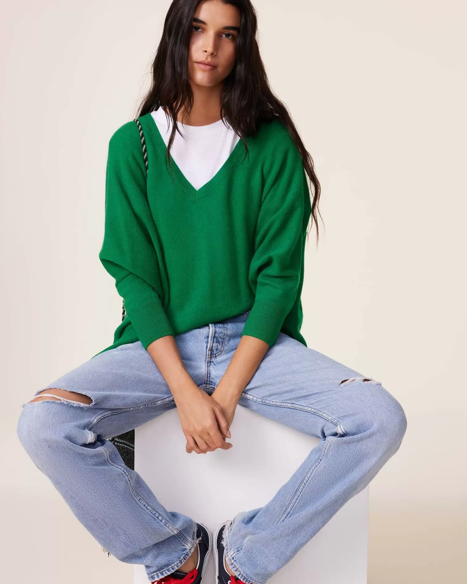 Kujten Sweaters & Sweatshirts>Women Oversized V-Neck Cashmere Sweater, 2-Threads Vert Imperial