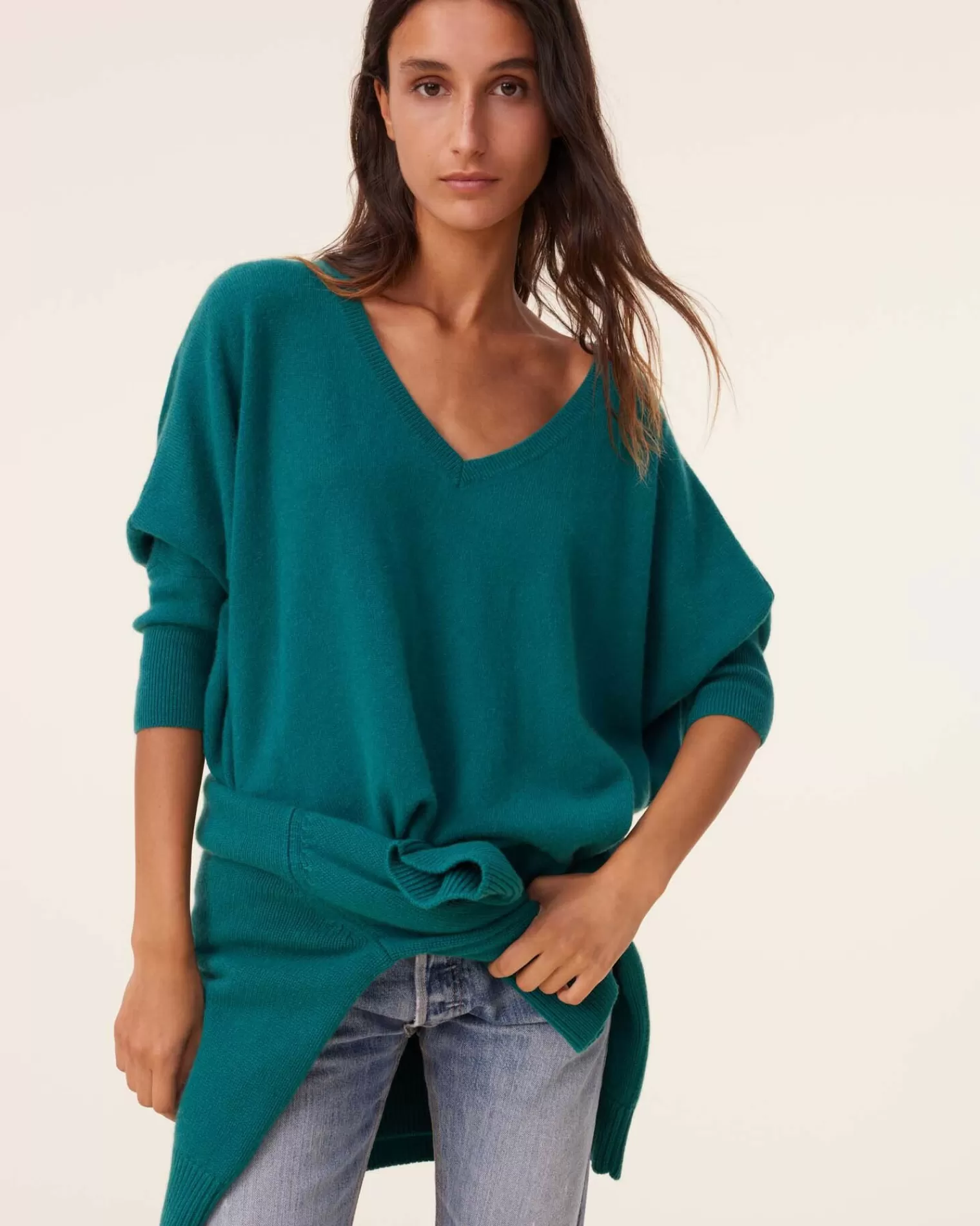 Kujten Sweaters & Sweatshirts>Women Oversized V-Neck Cashmere Sweater, 2-Threads Vert Perroquet