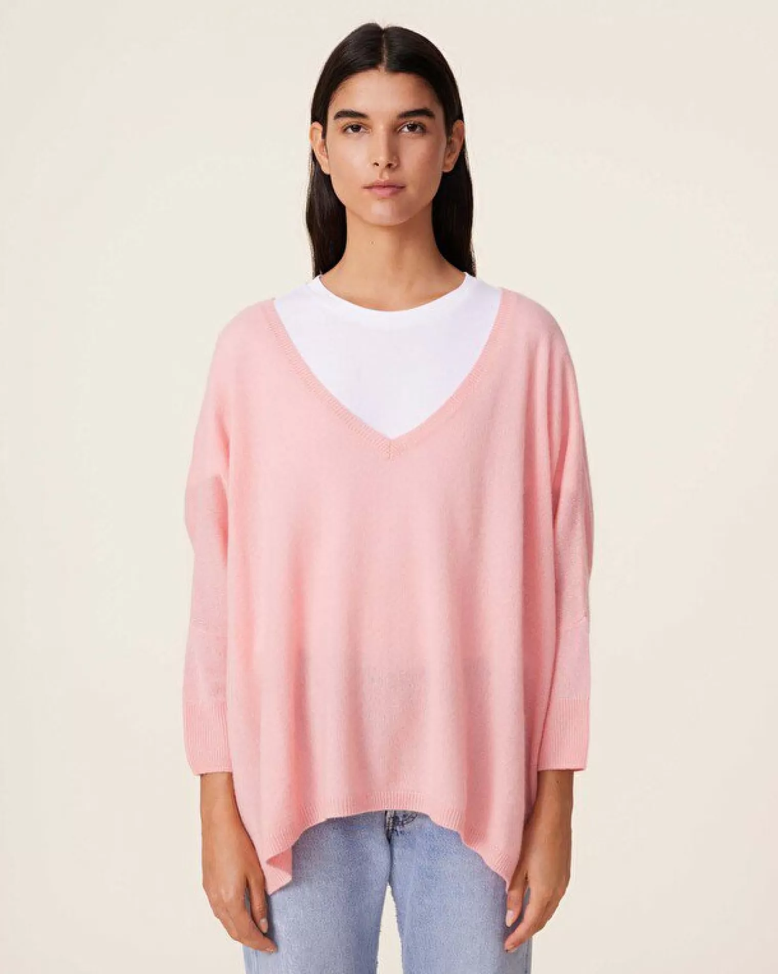 Kujten Sweaters & Sweatshirts>Women Oversized V-Neck Cashmere Sweater, 2-Threads Rose Guimauve