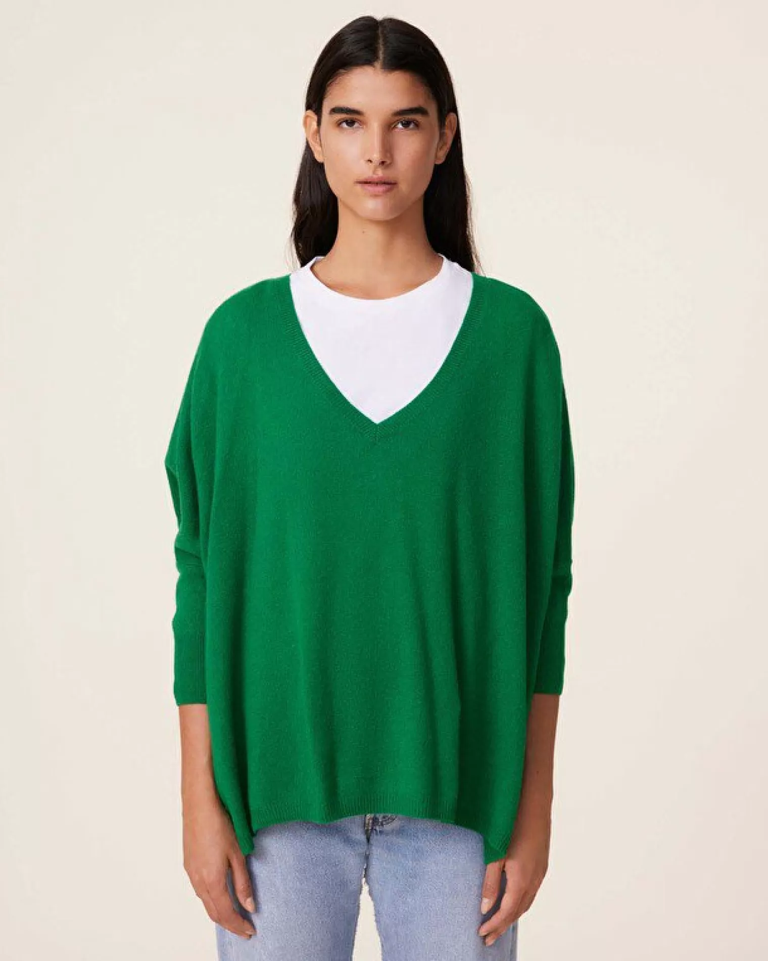 Kujten Sweaters & Sweatshirts>Women Oversized V-Neck Cashmere Sweater, 2-Threads Vert Imperial