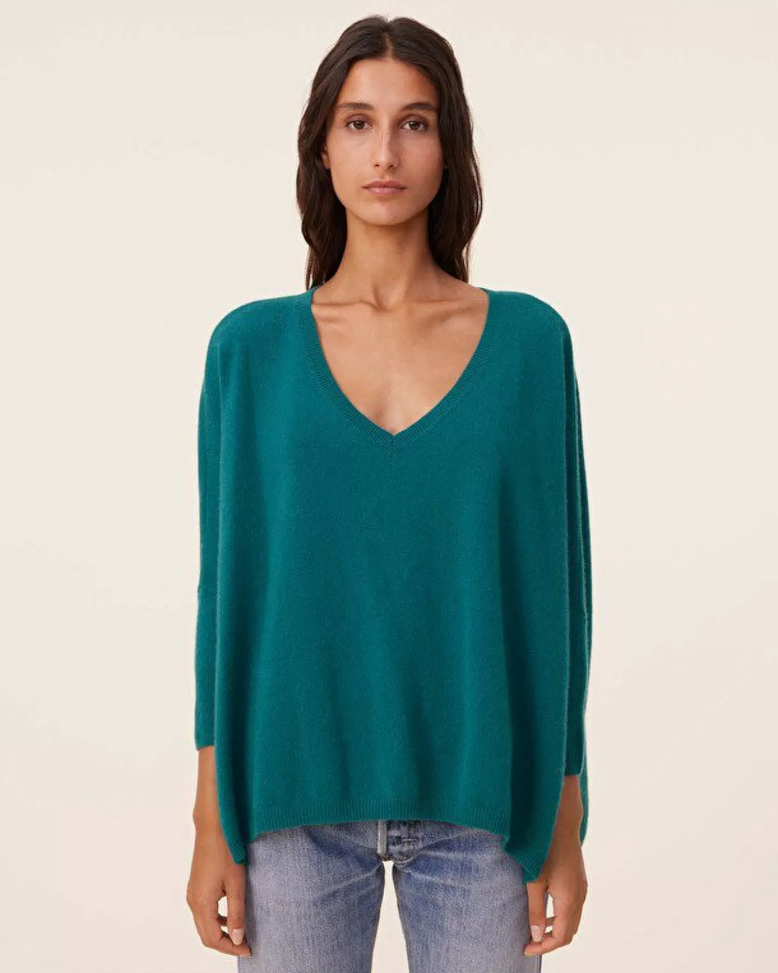 Kujten Sweaters & Sweatshirts>Women Oversized V-Neck Cashmere Sweater, 2-Threads Vert Perroquet