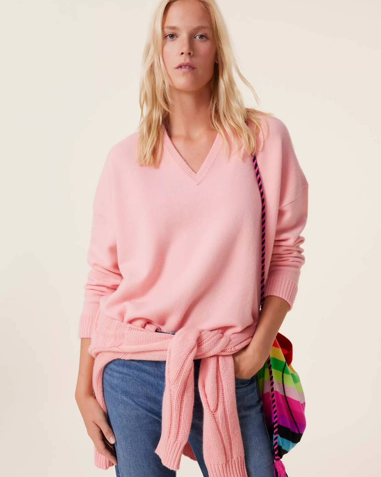 Kujten Sweaters & Sweatshirts>Women Oversized V-Neck Cashmere Sweater, 4-Threads Rose Guimauve