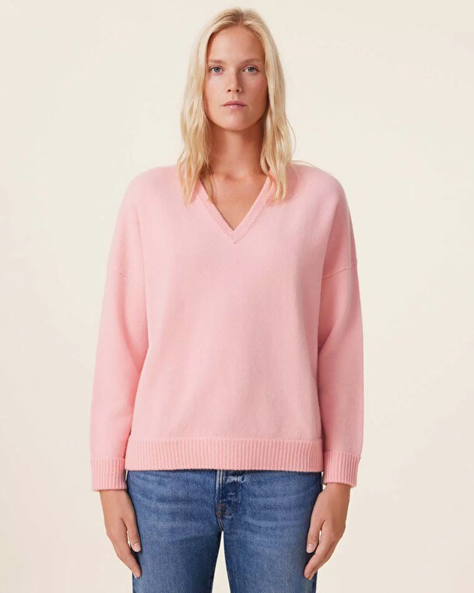 Kujten Sweaters & Sweatshirts>Women Oversized V-Neck Cashmere Sweater, 4-Threads Rose Guimauve