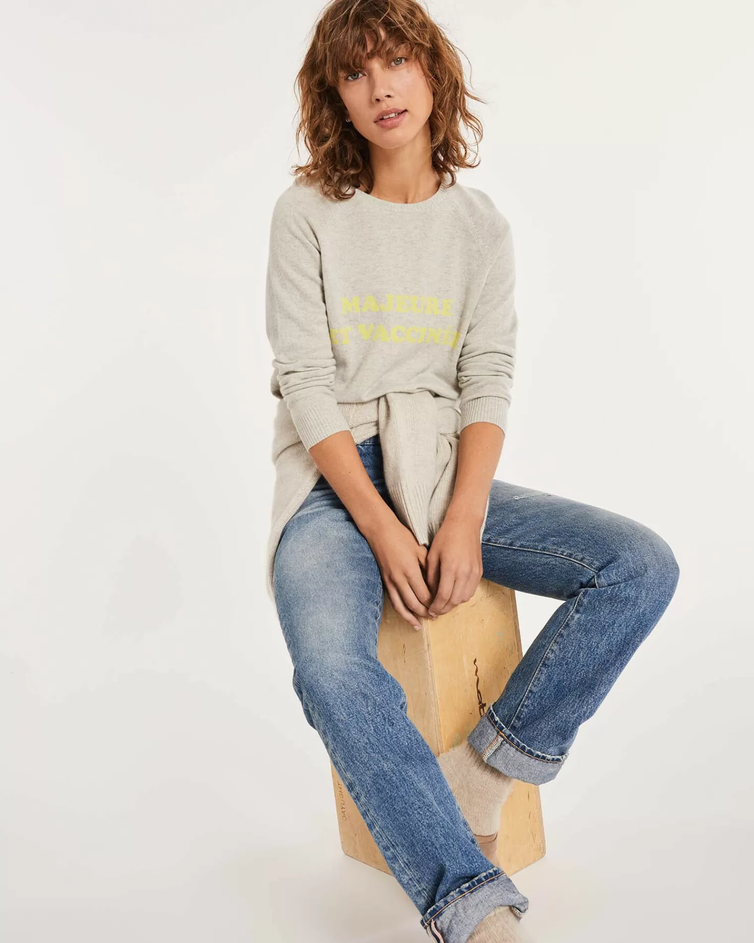 Kujten Sweaters & Sweatshirts>Women Printed Round Neck Cashmere Sweater Gris Bouleau