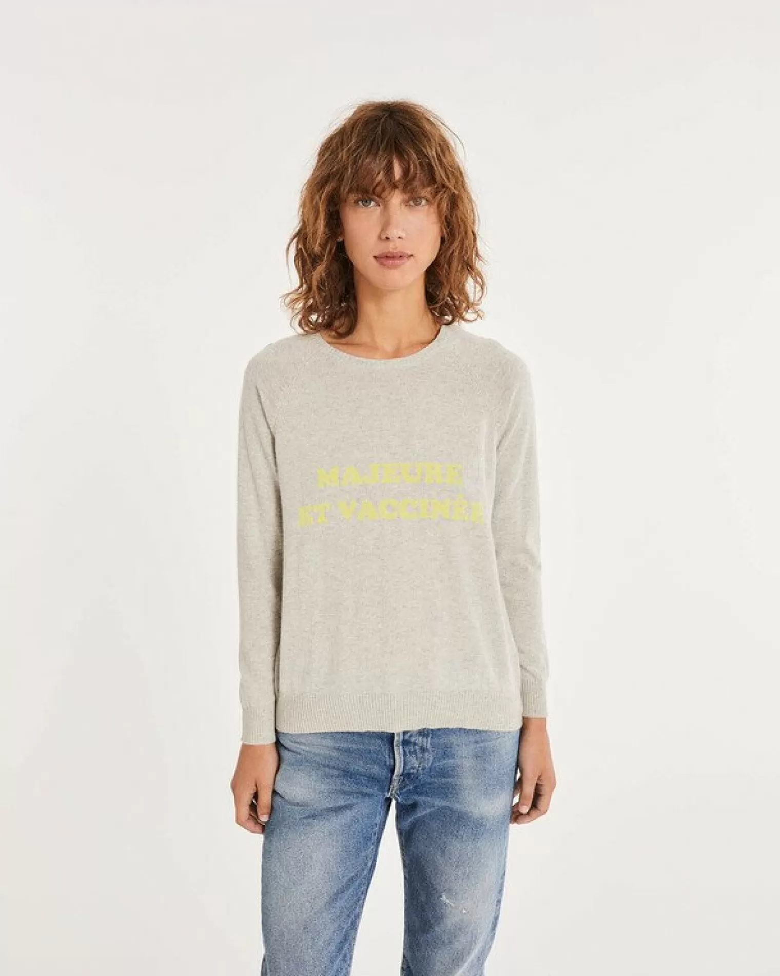 Kujten Sweaters & Sweatshirts>Women Printed Round Neck Cashmere Sweater Gris Bouleau