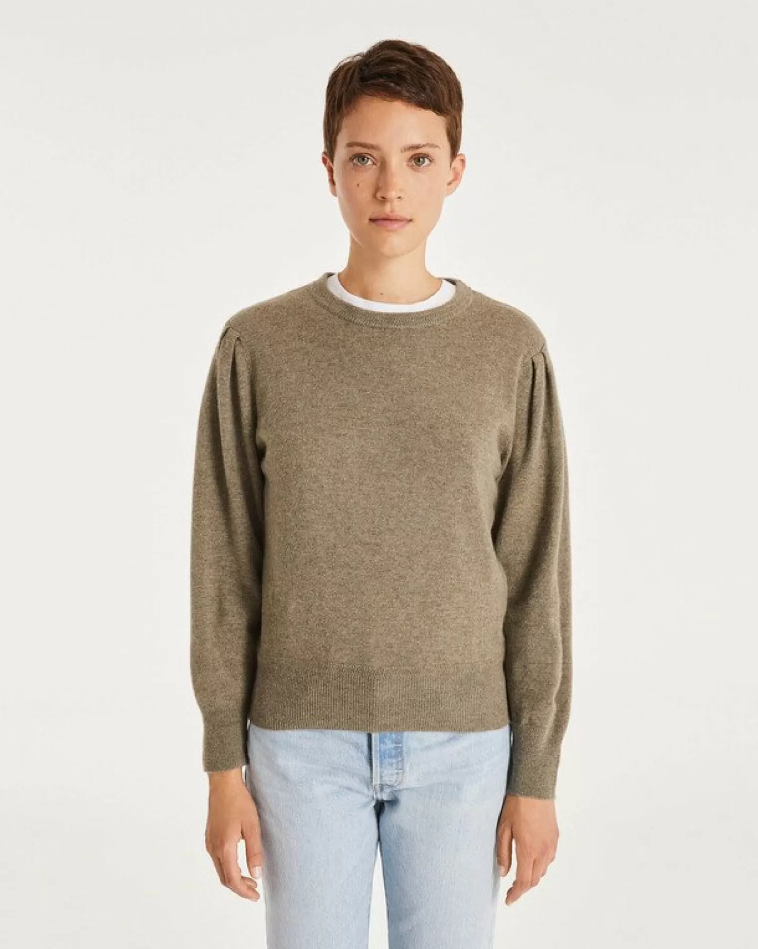 Kujten Sweaters & Sweatshirts>Women Round Neck Cashmere Sweater Kaki Chine