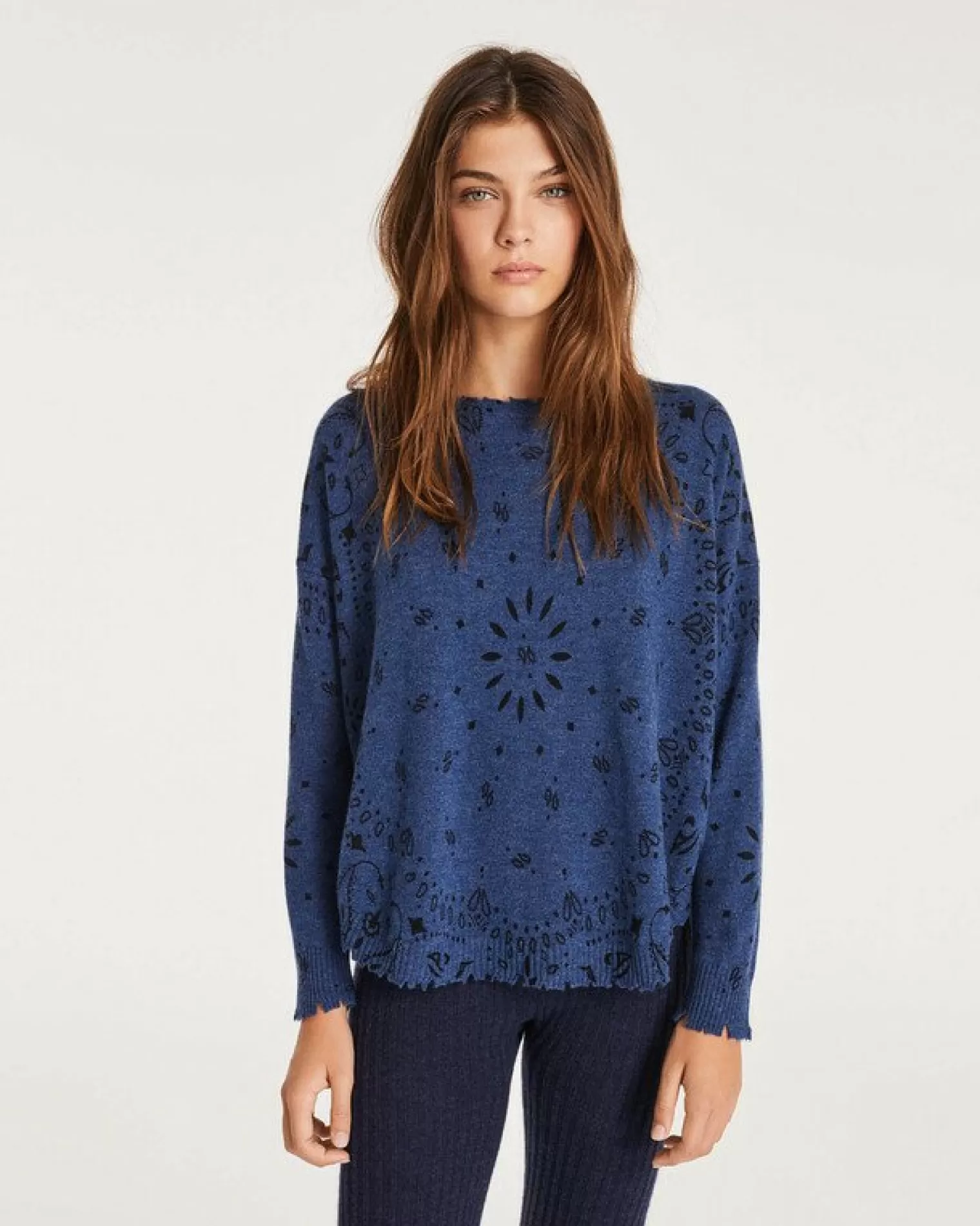 Kujten Sweaters & Sweatshirts>Women Round Neck Cashmere Sweater Bleu Jeans Fonce