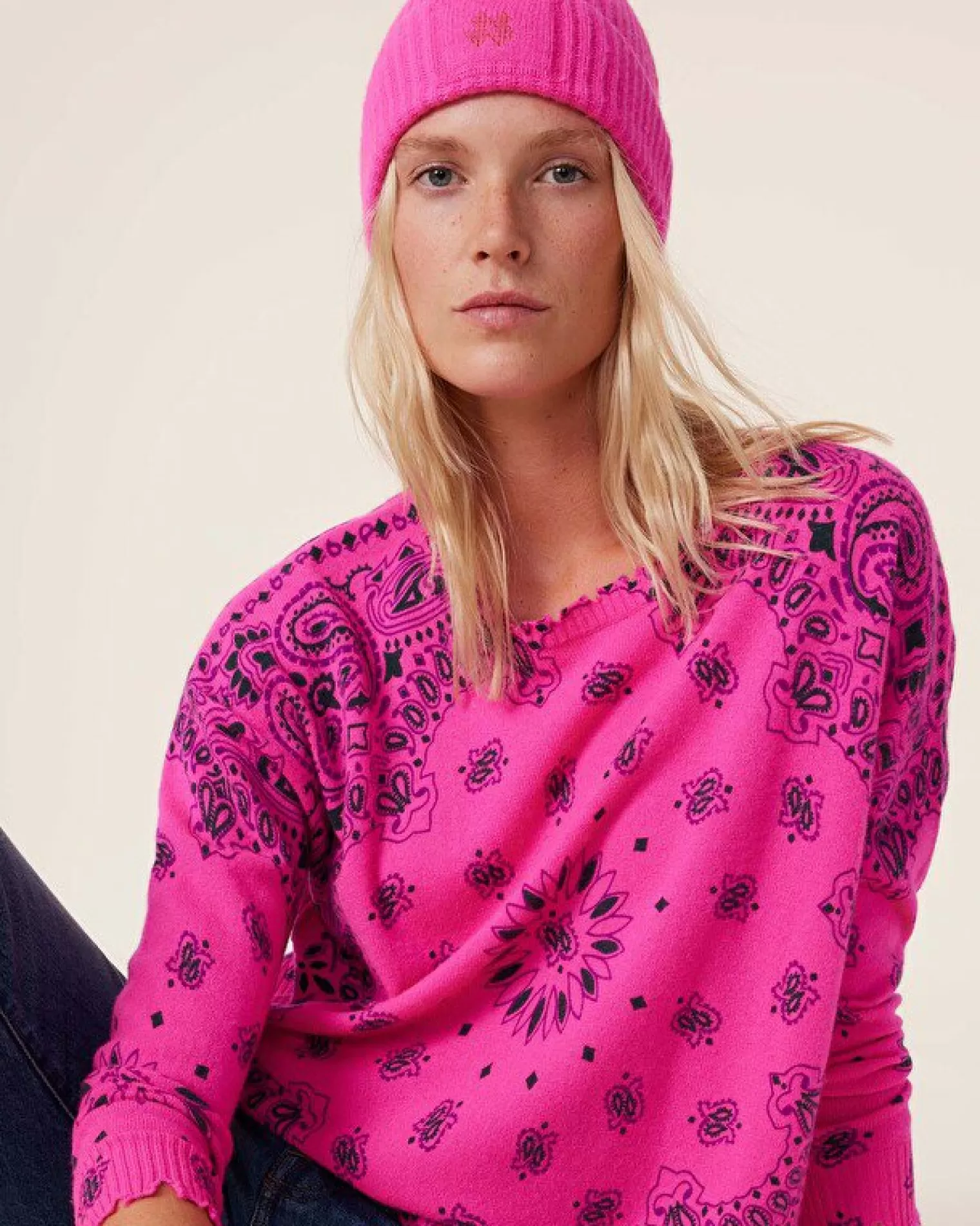 Kujten Sweaters & Sweatshirts>Women Round Neck Cashmere Sweater, 2-Threads Rose Neon