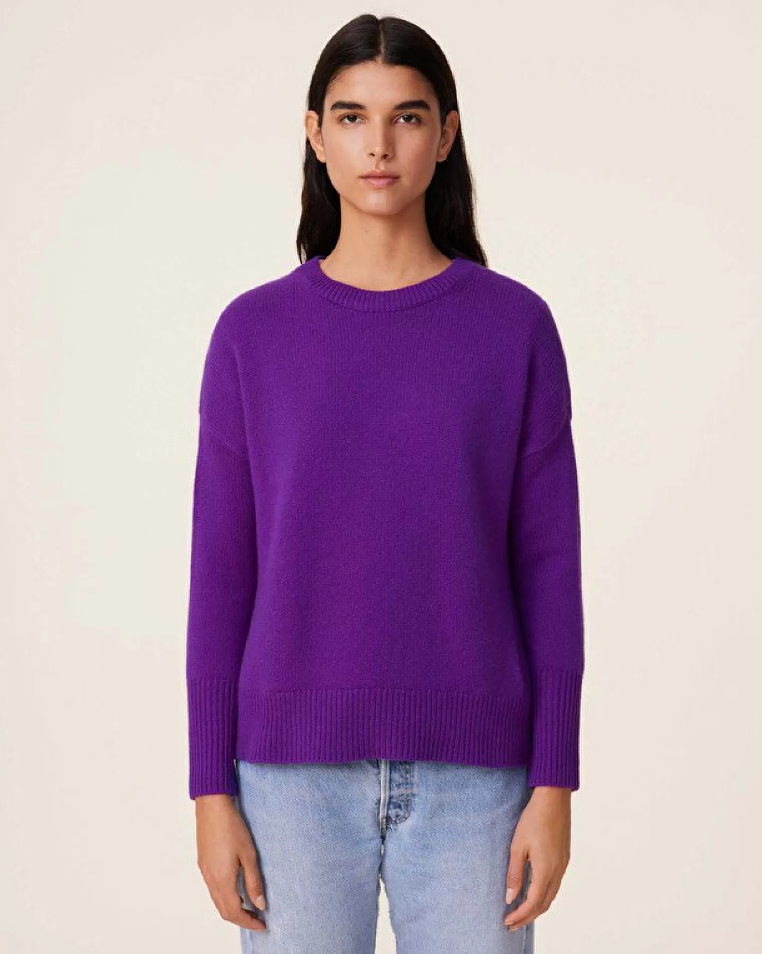 Kujten Sweaters & Sweatshirts>Women Round Neck Cashmere Sweater, 4-Threads Deep Purple