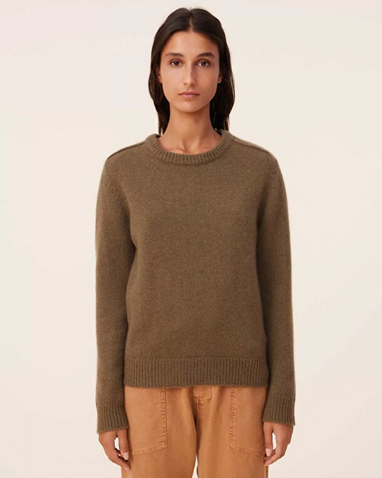 Kujten Sweaters & Sweatshirts>Women Round Neck Cashmere Sweater, 6-Threads Kaki Scout