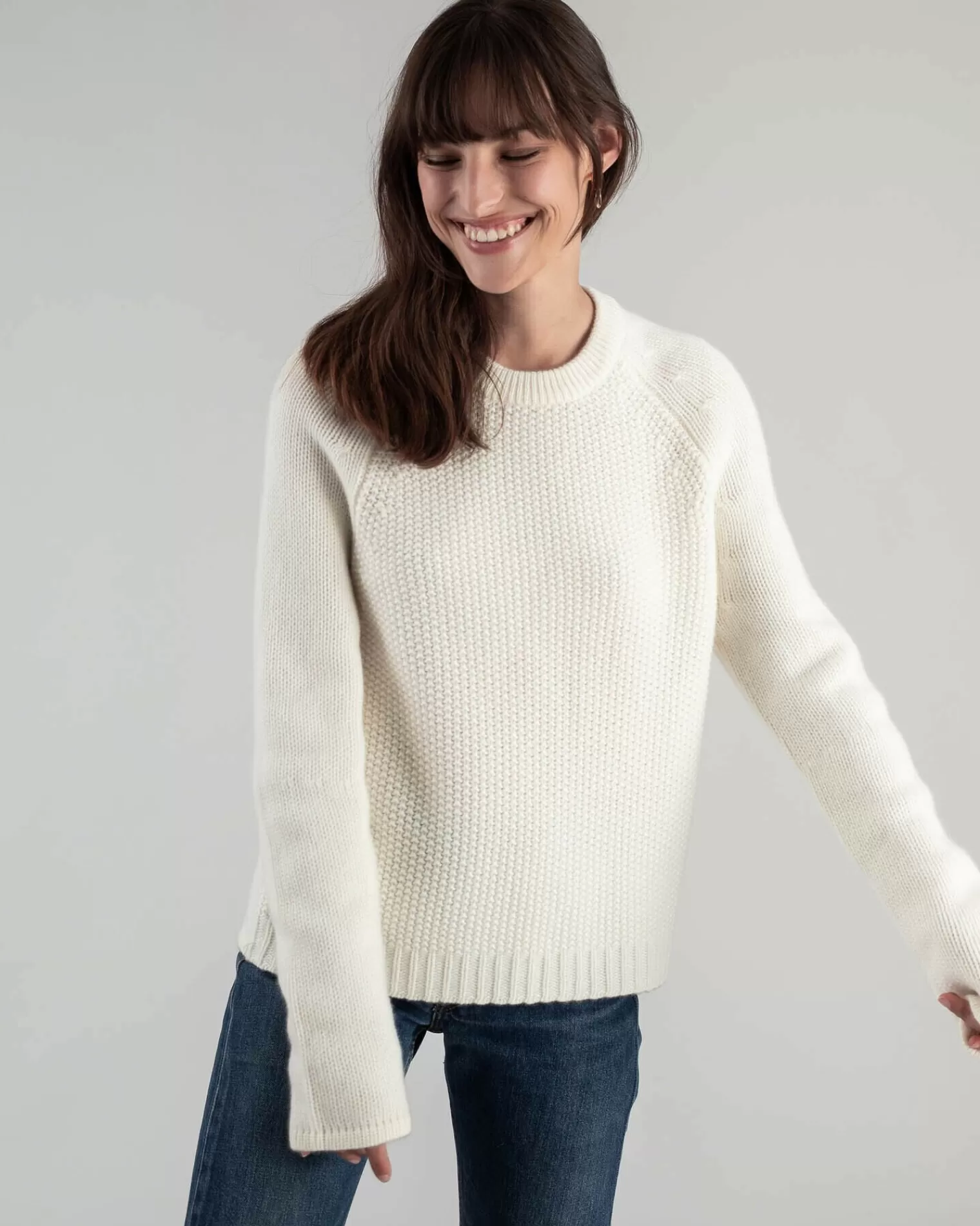 Kujten Sweaters & Sweatshirts>Women Short Round Neck Cashmere Sweater Blanc