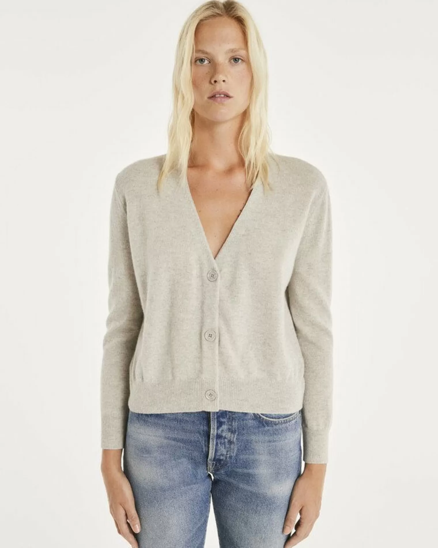 Kujten Jackets & Vests>Women V-Neck Cashmere Cardigan Gris Bouleau