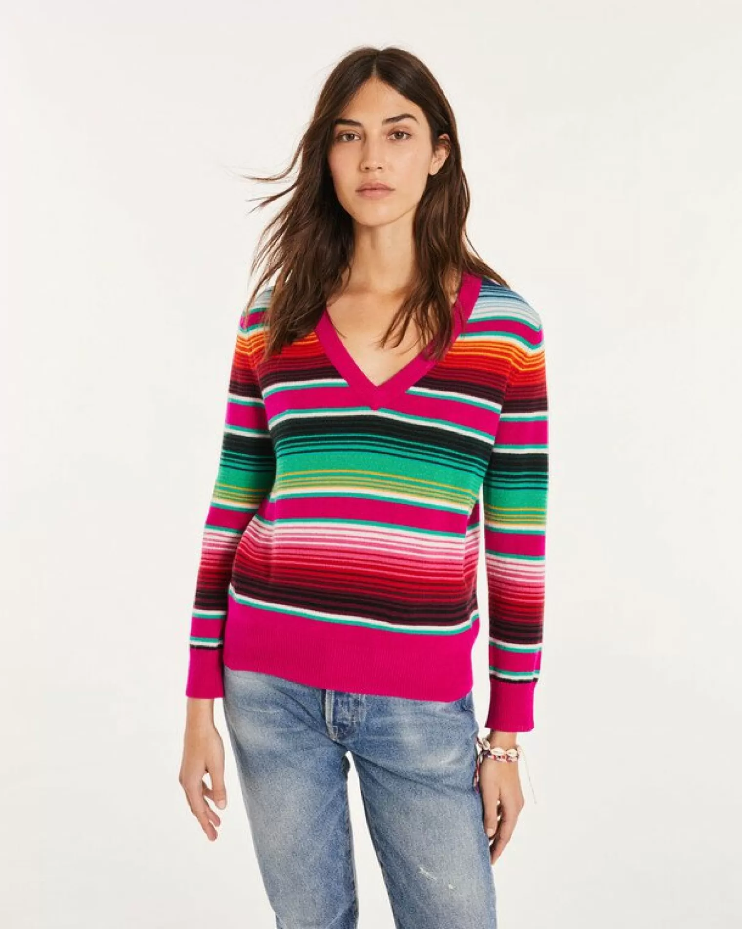 Kujten Sweaters & Sweatshirts>Women V-Neck Cashmere Sweater Rose Magenta