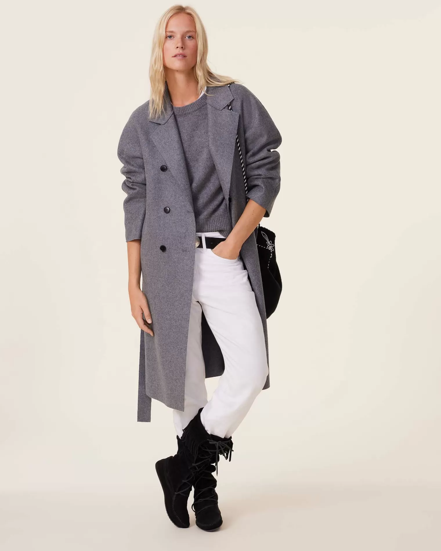 Kujten Coats>Woven Cashmere Trench Coat Bright Edges Gris Moyen