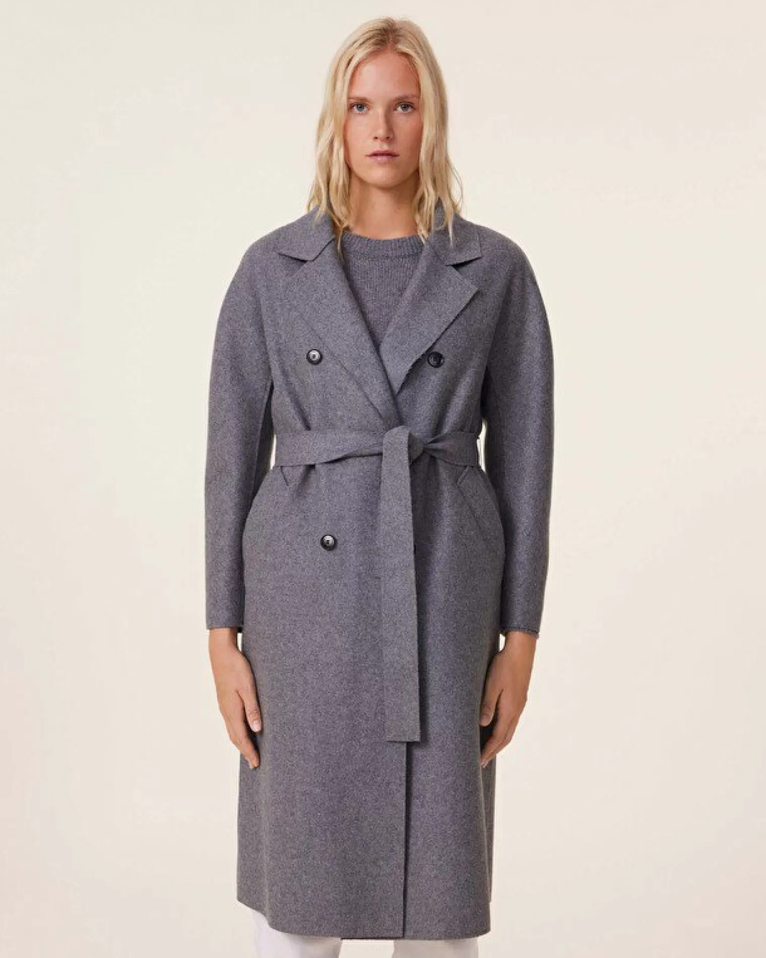 Kujten Coats>Woven Cashmere Trench Coat Bright Edges Gris Moyen