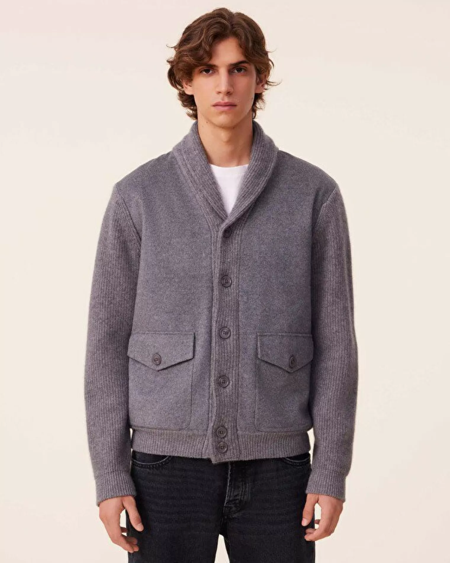 Kujten Jackets & Vests>Woven Shawl Neck Cashmere Jacket Gris Flanelle