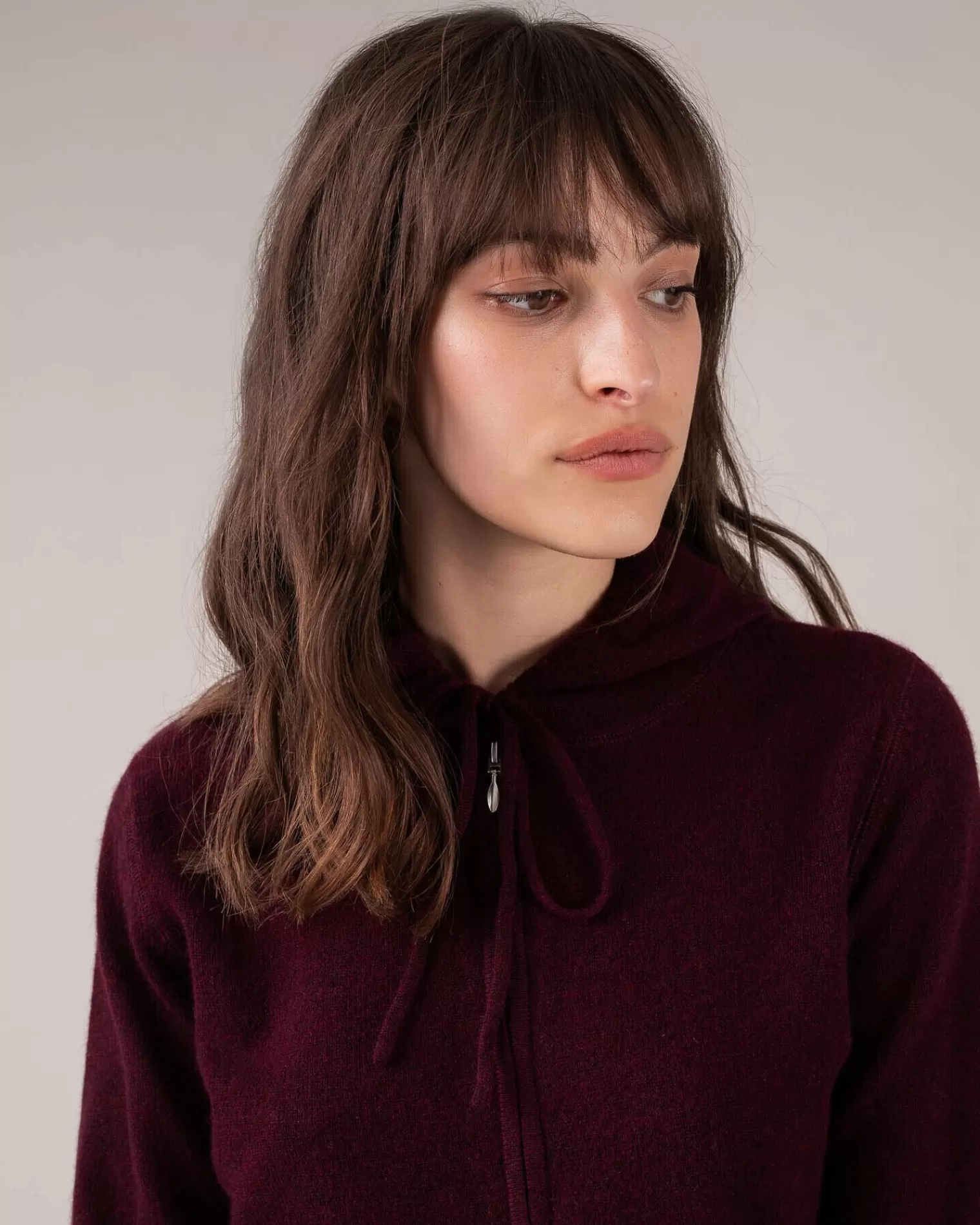 Kujten Hoodies>Zipped Hooded Round Neck Cashmere Vest Bordeaux