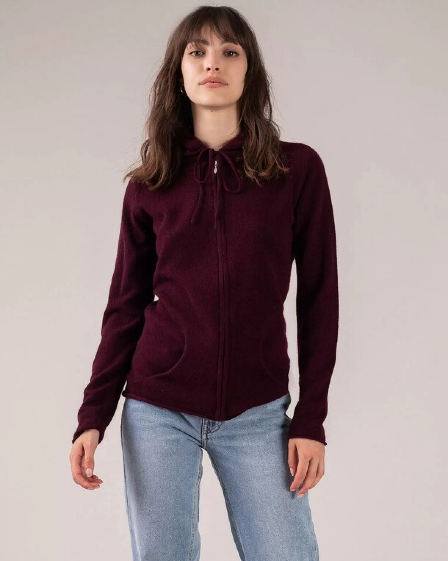 Kujten Hoodies>Zipped Hooded Round Neck Cashmere Vest Bordeaux