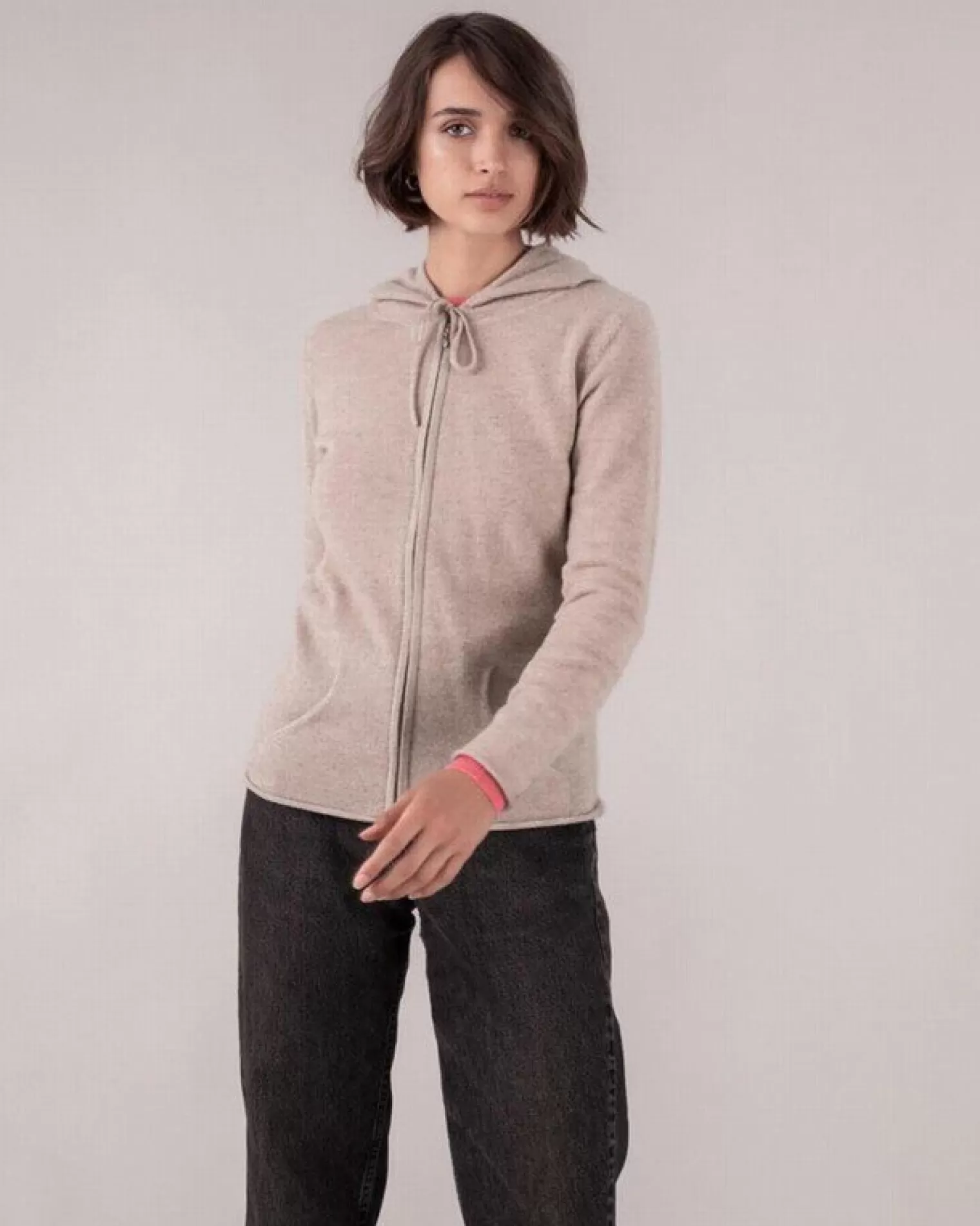 Kujten Hoodies>Zipped Hooded Round Neck Cashmere Vest Beige Chine